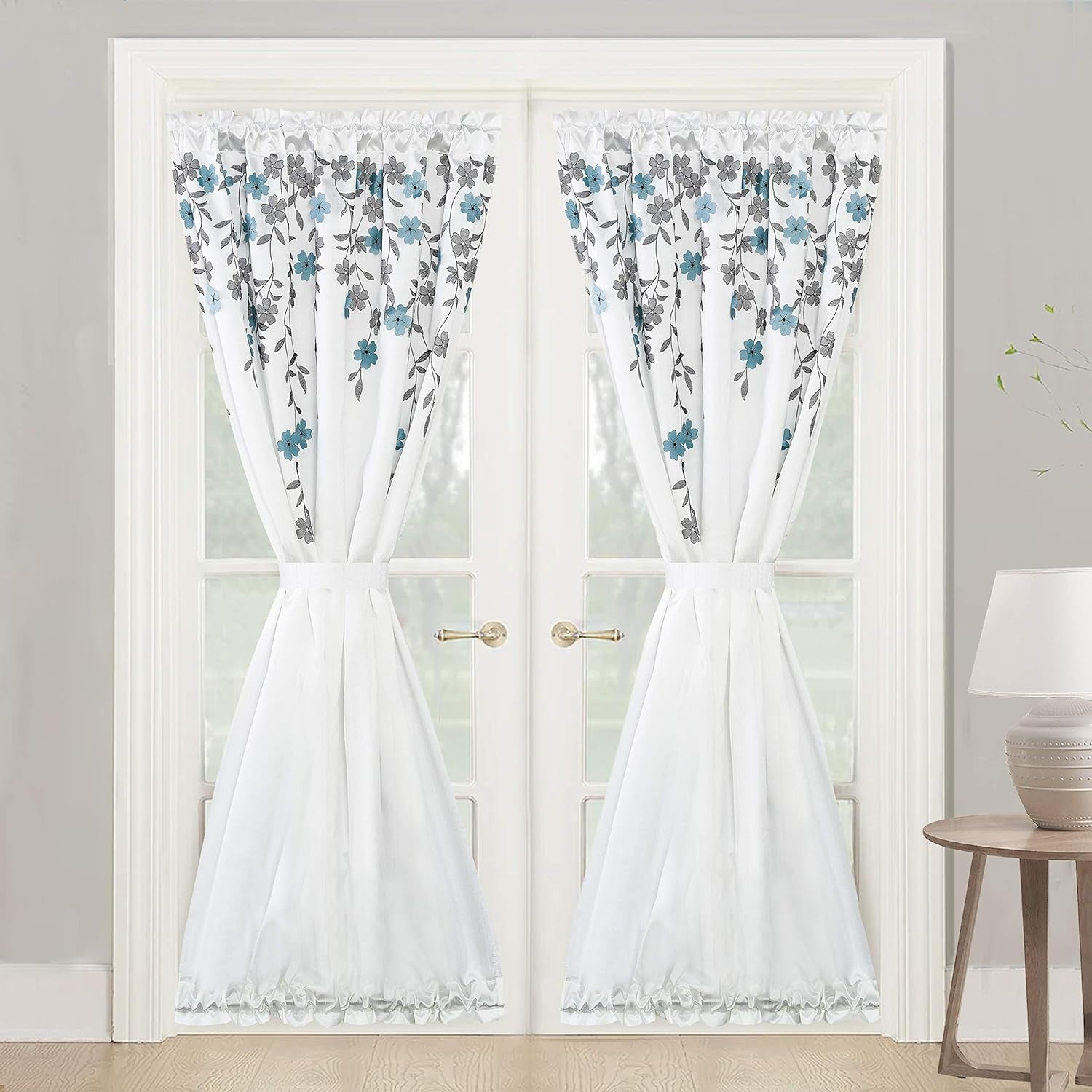 Driftaway Isabella Faux Silk Embroidered Crafted Flower Door Curtain Sidelight Rod Pocket Room Darkening Front Door 1 Panel with Adjustable Tieback 25 Inch by 72 Inch plus 1.5 Inch Header Blue  DriftAway Ivory/Blue 50”X72” 