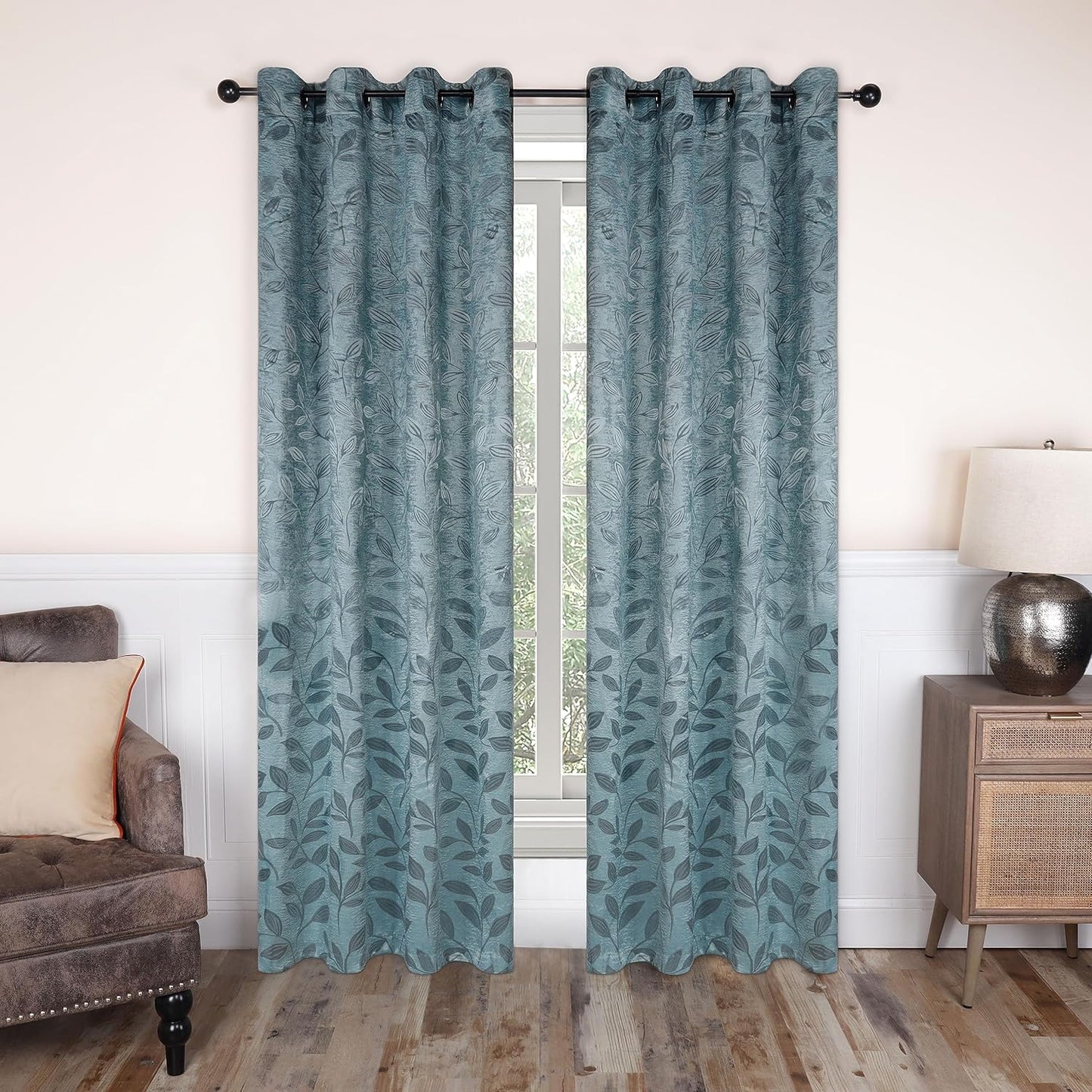 Superior Blackout Curtains, Room Darkening Window Accent for Bedroom, Sun Blocking, Thermal, Modern Bohemian Curtains, Leaves Collection, Set of 2 Panels, Rod Pocket - 52 in X 63 In, Nickel Black  Home City Inc. Green Lily 52 In X 120 In (W X L) 