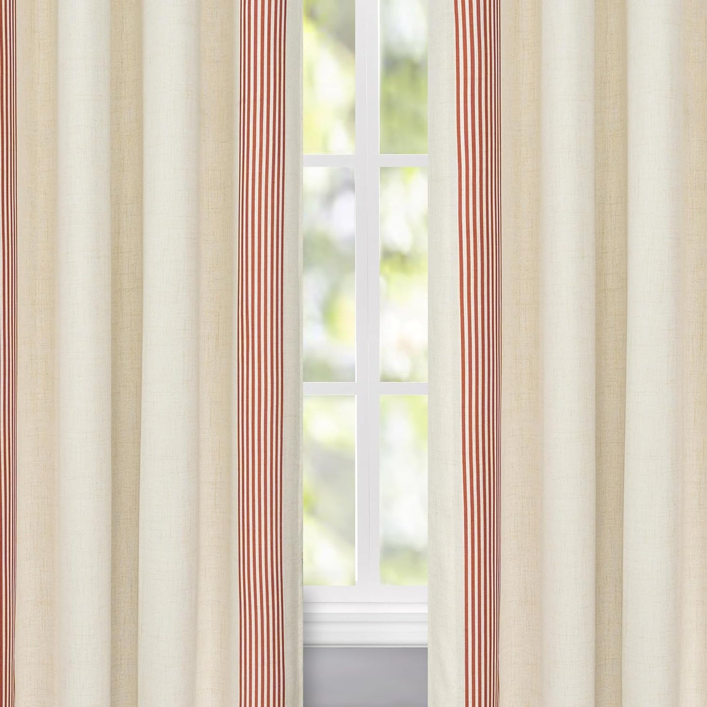 Driftaway Chris Vertical Striped Pattern Linen Blend Lined Thermal Insulated Blackout and Room Darkening Grommet Linen Curtains for Farmhouse Printed 2 Panels 52 Inch by 96 Inch Jean Navy Curtain  DriftAway Cabana Red 52"X96" 