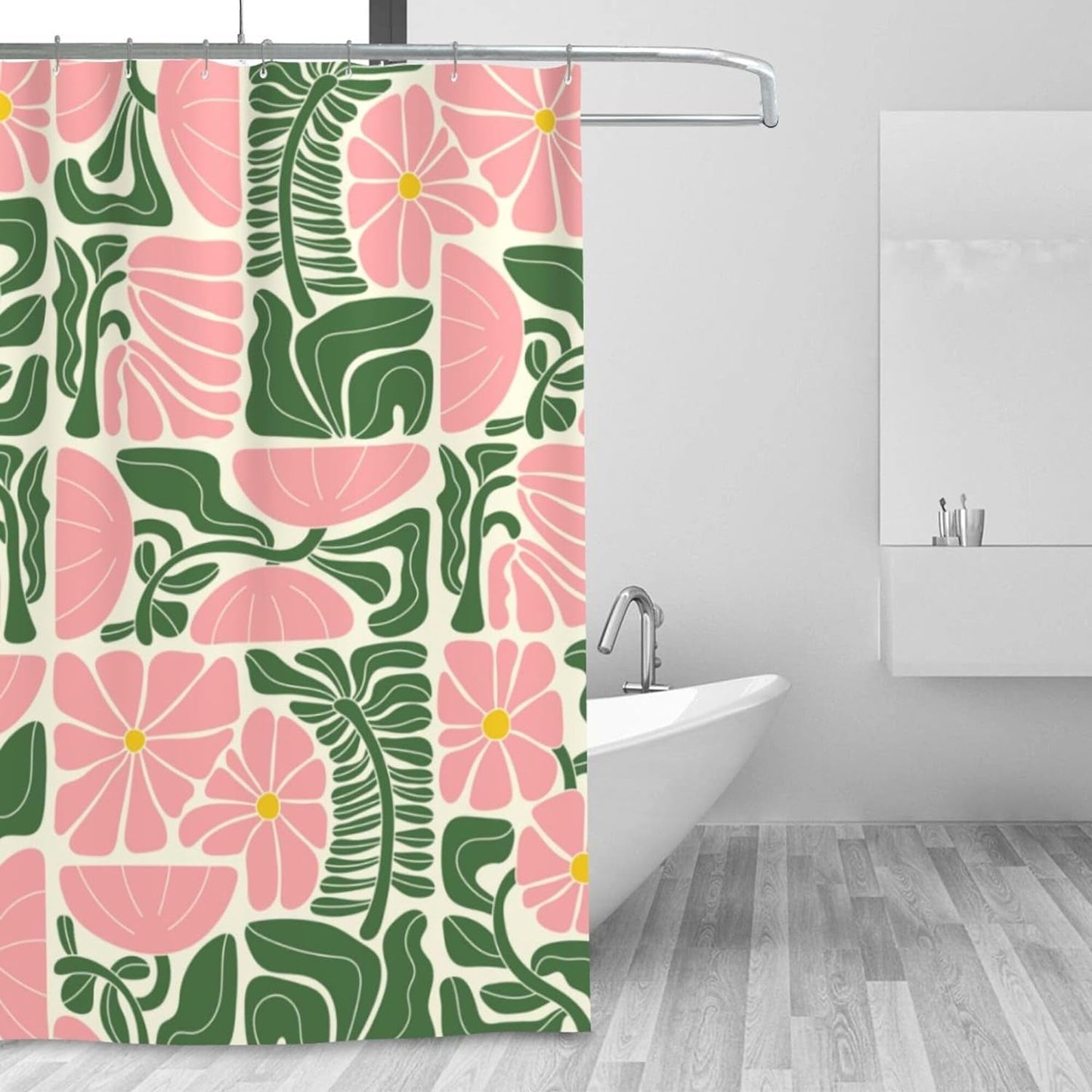 Mid Century Modern Abstract Geometric Boho Shower Curtains for Bathroom, Cute Pink Floral Bathroom Shower Curtain, Vintage Bath Curtain, Waterproof Fabric Shower Curtain