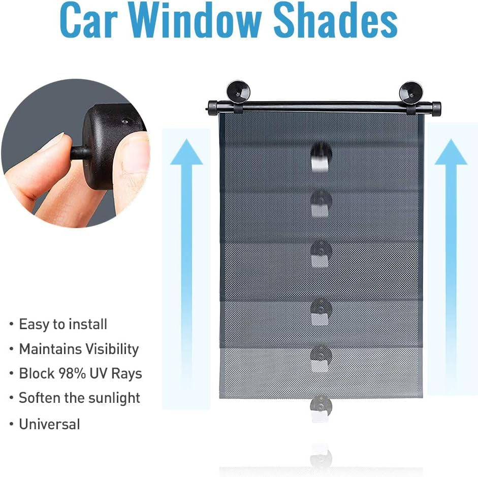 Auto Retractable Roller Sun Shade for Car Window - Block Glare and Heat, 2Pcs