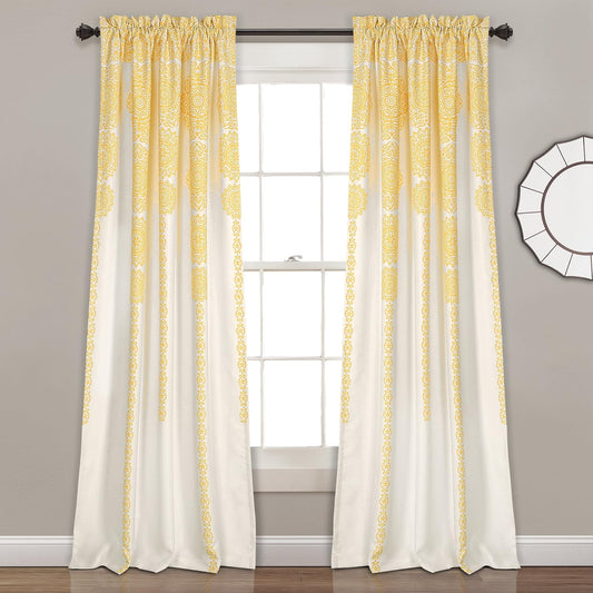 Lush Decor Stripe Medallion Curtains Fabric Mandala Bohemian Damask Print Light Filtering Window Panel Set for Living, Dining, Bedroom (Pair), 84"L X 52"W, Yellow  Triangle Home Fashions Yellow 52"W X 84"L 
