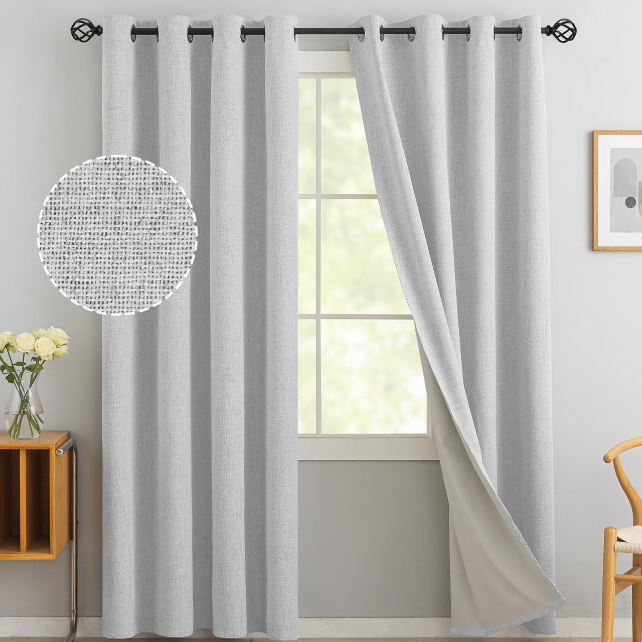 Yakamok Natural Linen Curtains 100% Blackout 84 Inches Long,Room Darkening Textured Curtains for Living Room Thermal Grommet Bedroom Curtains 2 Panels with Greyish White Liner  Yakamok White 52W X 90L / 2 Panels 