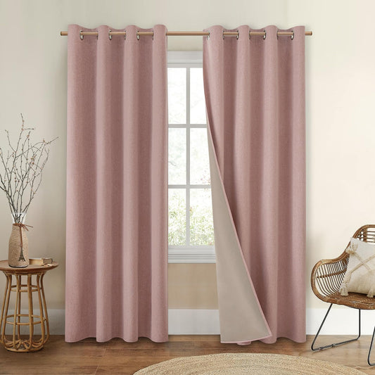 HOMEIDEAS 100% Blackout Linen Curtains for Bedroom 84 Inches Long 2 Panels Blush Pink Curtains Full Black Out Thermal Insulated Grommet Window Curtains/Drapes with Liner for Nursery  HOMEIDEAS Blush Pink 52"W X 84"L 