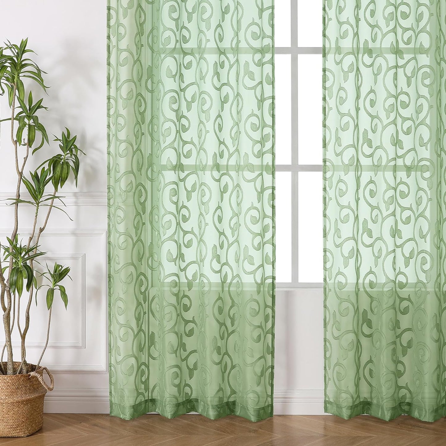 OWENIE Furman Sheer White Curtains 84 Inches Long for Bedroom Living Room 2 Panels Set, White Curtains Jacquard Clip Light Filtering Semi Sheer Curtain Transparent Rod Pocket Window Drapes, 2 Pcs  OWENIE Yellow Green 40W X 84L 
