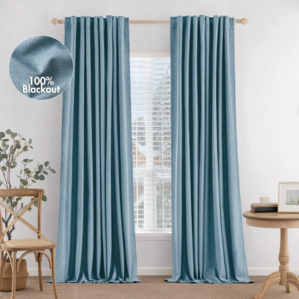 MIULEE 100% Blackout Curtains 90 Inches Long, Linen Curtains & Drapes for Bedroom Back Tab Black Out Window Treatments Thermal Insulated Room Darkening Rod Pocket, Oatmeal, 2 Panels  MIULEE Slate Blue 52"W*90"L 