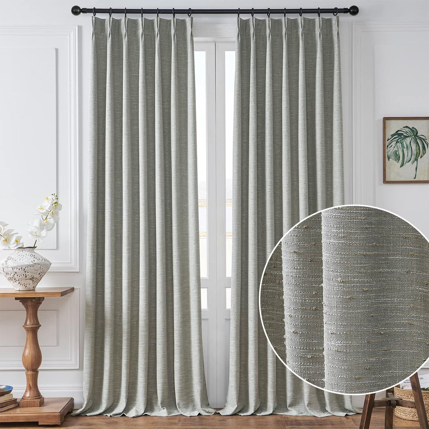 Maison Colette Pinch Pleat White Natural Linen Curtain 84 Inches Length for Bedroom,Back Tab Semi Sheer Window Treatment Drapes for Living Room,2 Panels,40" Width  Maison Colette Home Grey 40"W X 95"L With Liner 
