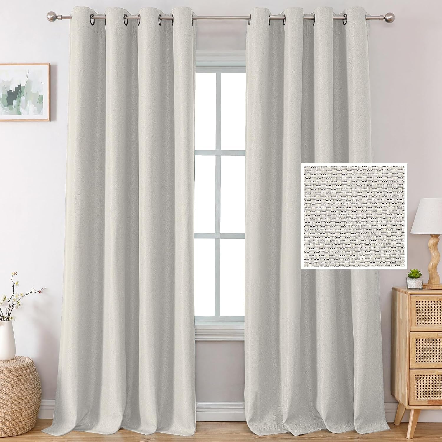 H.VERSAILTEX Linen Blackout Curtains 84 Inches Long Thermal Insulated Room Darkening Linen Curtains for Bedroom Textured Burlap Grommet Window Curtains for Living Room, Bluestone and Taupe, 2 Panels  H.VERSAILTEX Off White 52"W X 96"L 