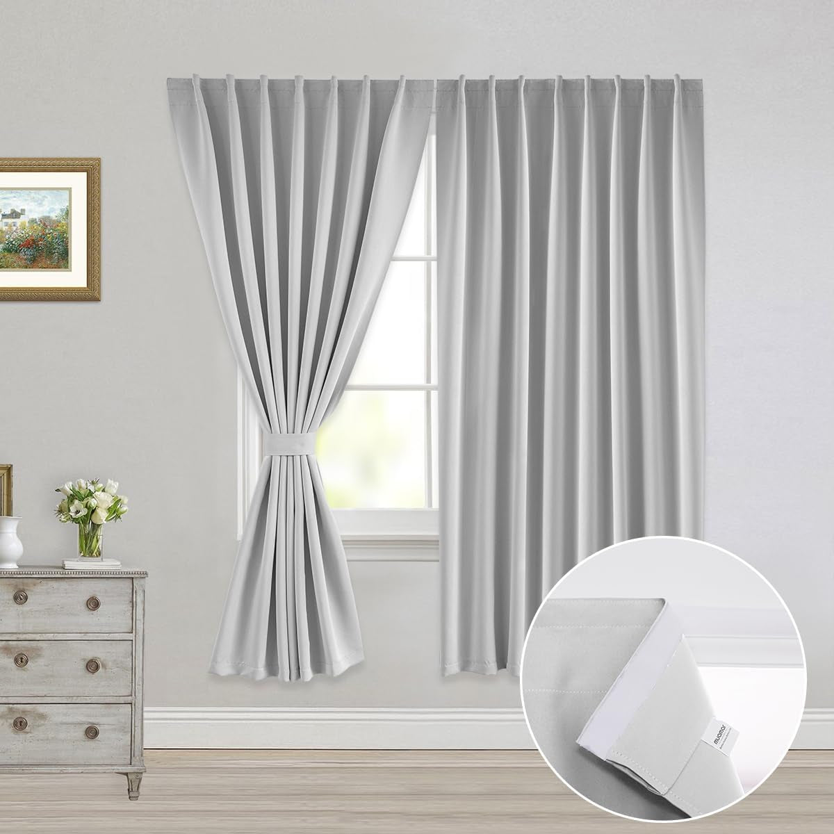 Muamar 2Pcs Blackout Curtains Privacy Curtains 63 Inch Length Window Curtains,Easy Install Thermal Insulated Window Shades,Stick Curtains No Rods, Black 42" W X 63" L  Muamar White 52"W X 63"L 
