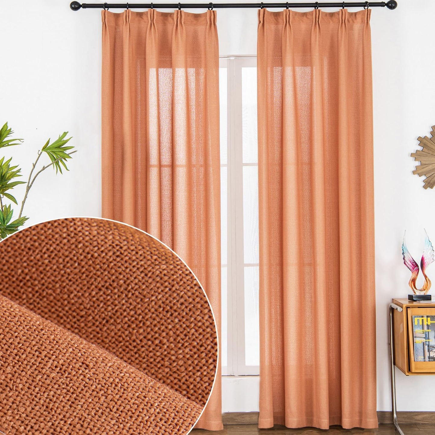 Ftinala Drapes 108 Inches Long 2 Panels Sheer Linen Curtains Pinch Pleat Curtain Hooks Floor to Ceiling Curtains 108 Inch Tan Extra Long Curtains Pleated Light Filtering Curtains Cream Beige  Ftinala Terracotta-Pleat Tape 50"W X 102"L 