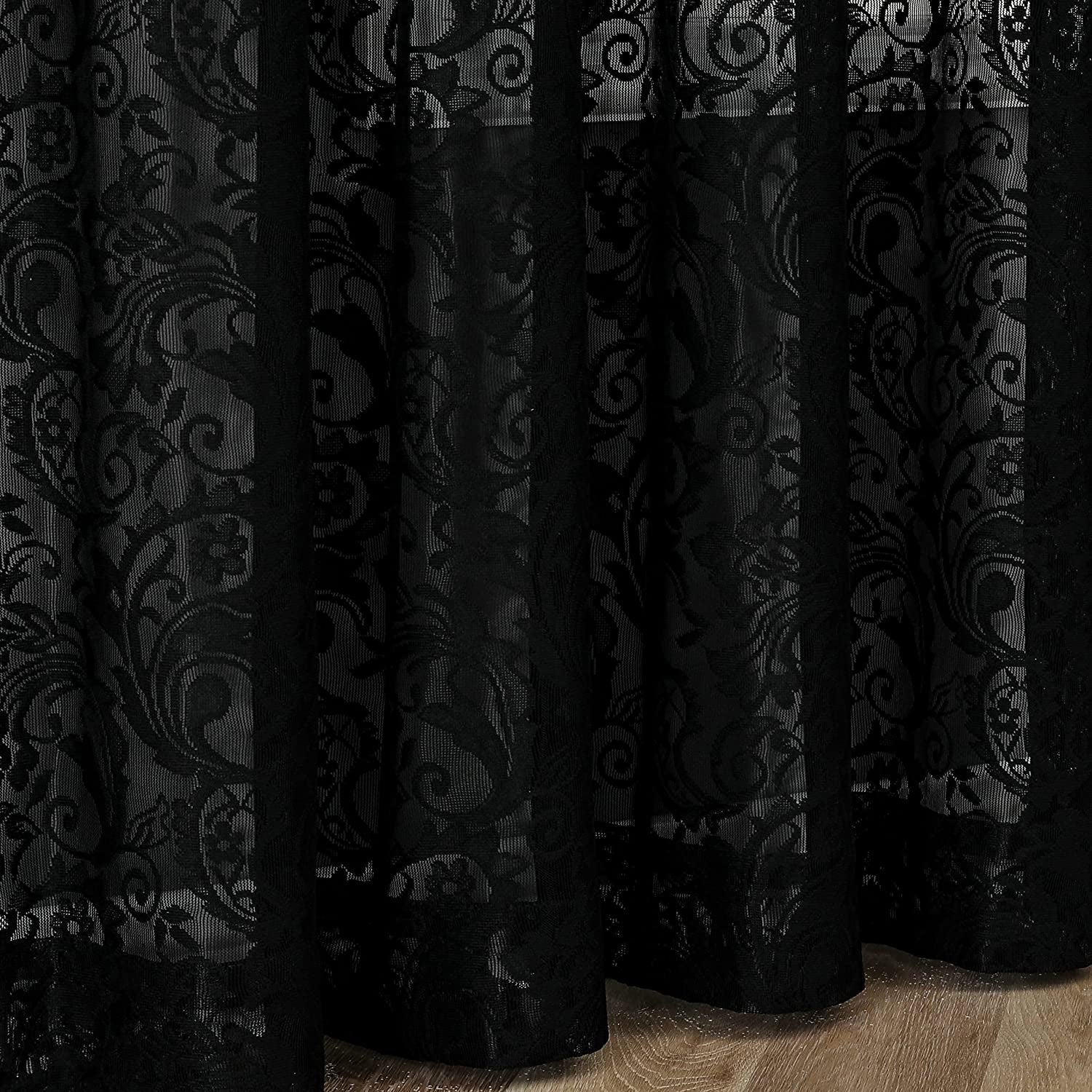 Black Sheer Lace Curtains 84 Inch Vintage Floral Sheer Gothic Curtain Panels for Living Room Bedroom Luxury Light Filtering Drapes Black Window Treatment Sets Rod Pocket 2 Panels 54" Wx84 L  Bujasso   