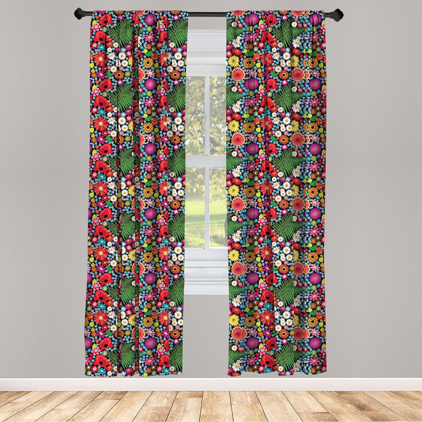 Ambesonne Floral 2 Panel Curtain Set, Colorful Spring Wildflowers Demonstration with Asters Chamomiles and Fern Leaves, Window Treatment Living Room Bedroom Decor, Pair of - 28" X 63", Green Magenta  Ambesonne   