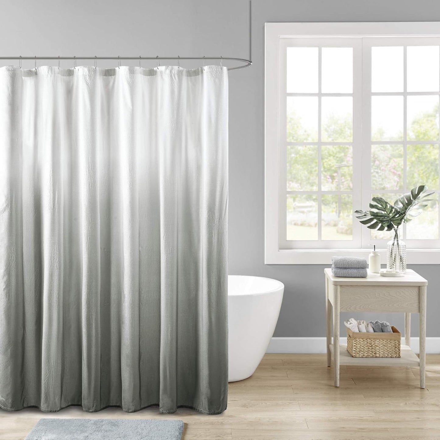 Madison Park Ara Shower Curtain, Seersucker Design Ombre Print, Modern Bathroom Decor, Machine Washable, Fabric Privacy Screen, 72X72, Taupe