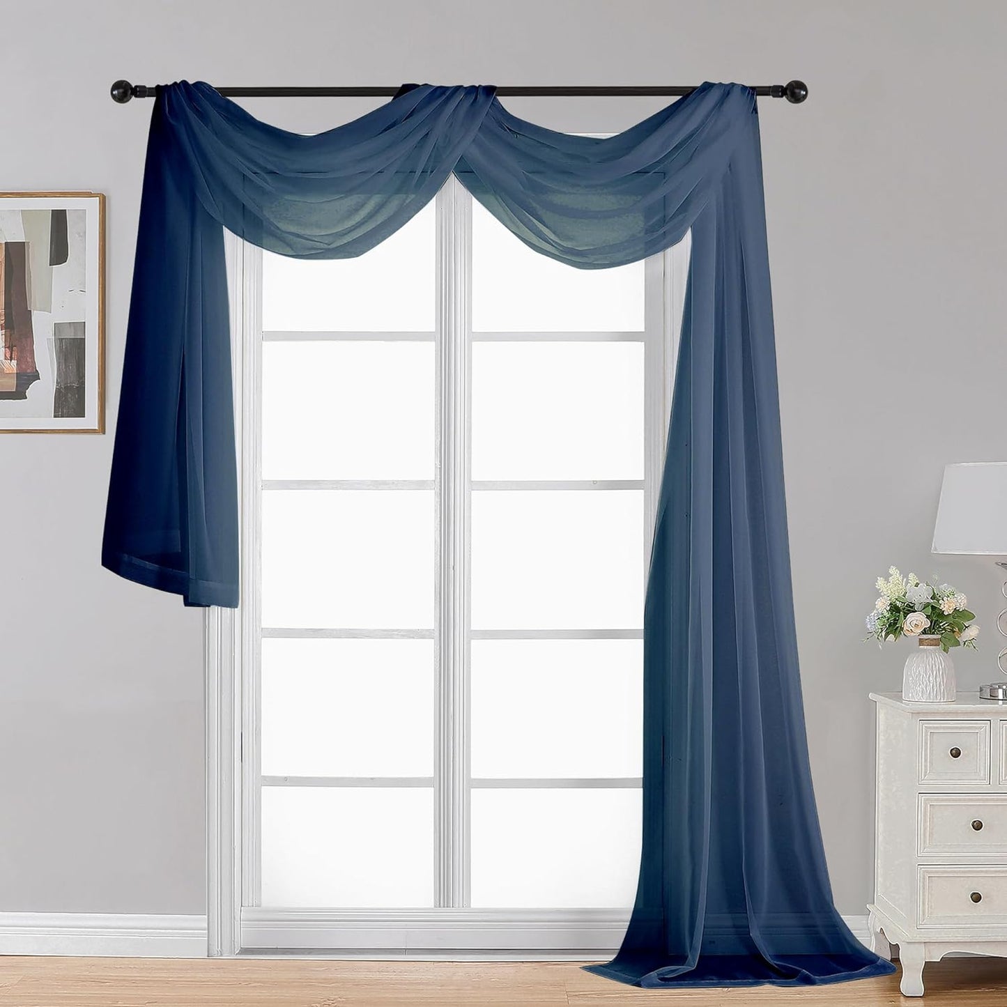 OWENIE White Sheer Valance for Window, Small Short Rod Pocket Voile Valance Curtain Window Treatment Decor for Living Room Bathroom Kitchen Cafe Laundry Basement, 60" W X 14" L  OWENIE Navy Blue 42W X 216L 