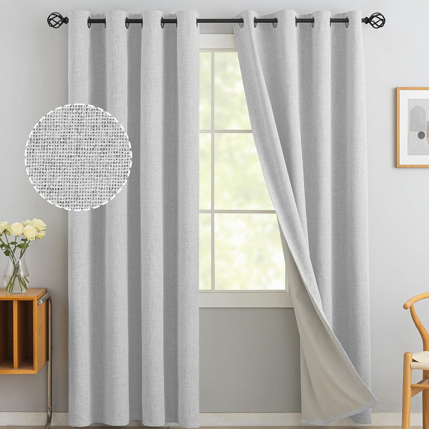 Yakamok Natural Linen Curtains 100% Blackout 84 Inches Long,Room Darkening Textured Curtains for Living Room Thermal Grommet Bedroom Curtains 2 Panels with Greyish White Liner  Yakamok White 52W X 84L / 2 Panels 