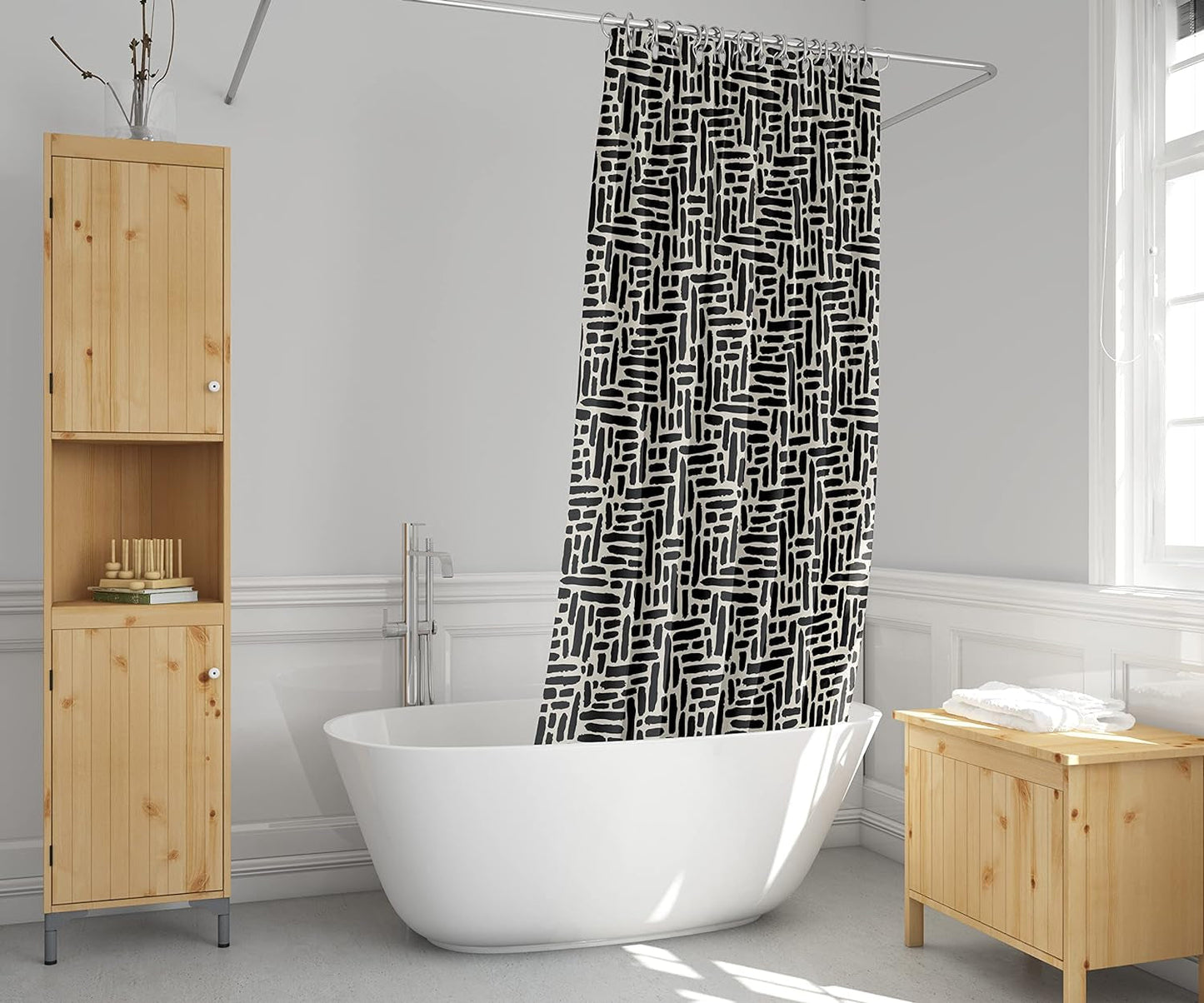 Modern Black and Ivory Brushstroke Print Shower Curtain - Abstract Minimalist Pattern - Neutral Design - Trendy Fabric Shower Curtain for Any Bathroom - 72X72 Inches (Brushstroke)