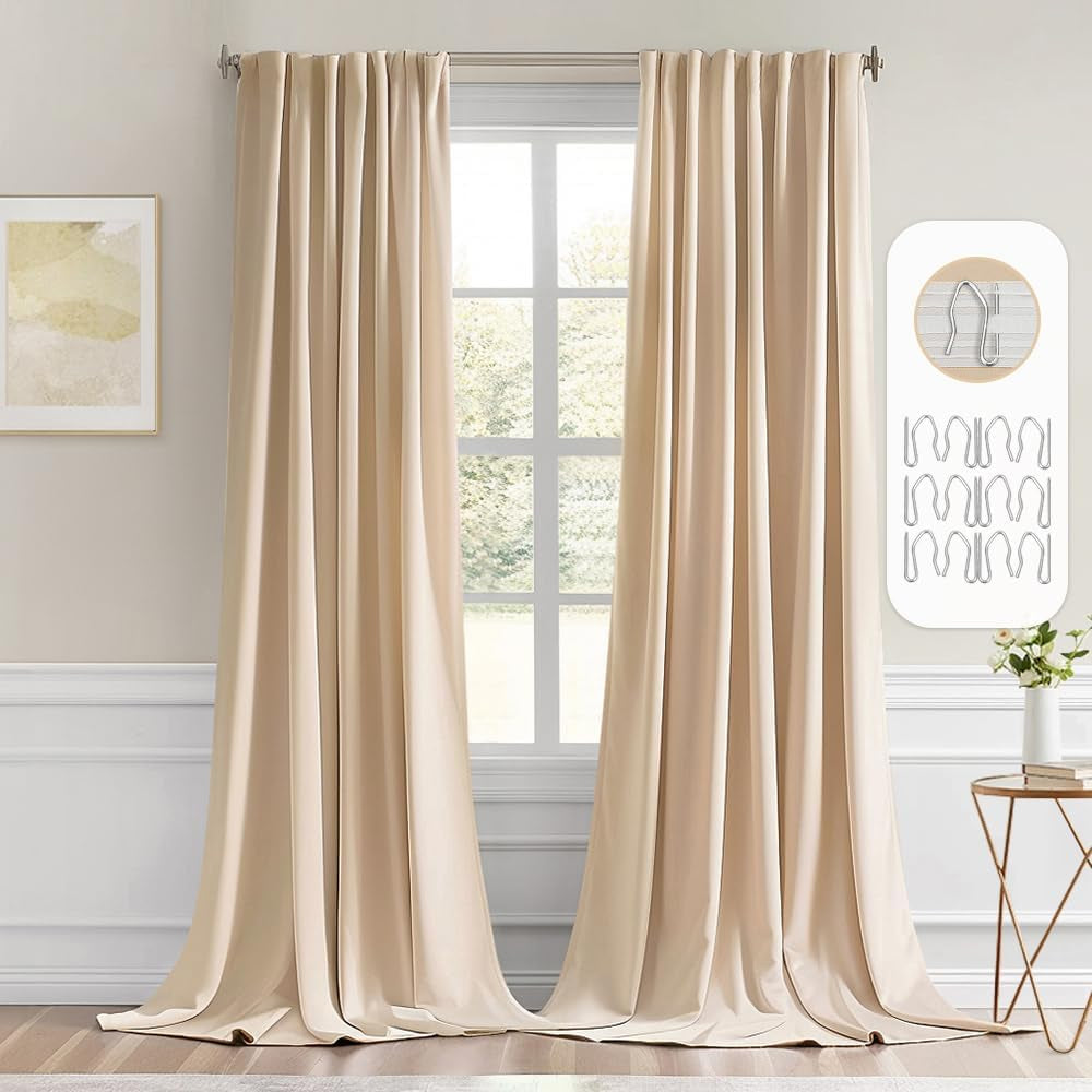 MIULEE 2 Panels Back Tab Blackout Curtains 96 Inch Long for Living Room Bedroom, Black Rod Pocket/Pinch Pleated Thermal Insulated Room Darkening Light Blocking Floor to Ceiling Curtains/Drapes  MIULEE Beige W52" X L108" 