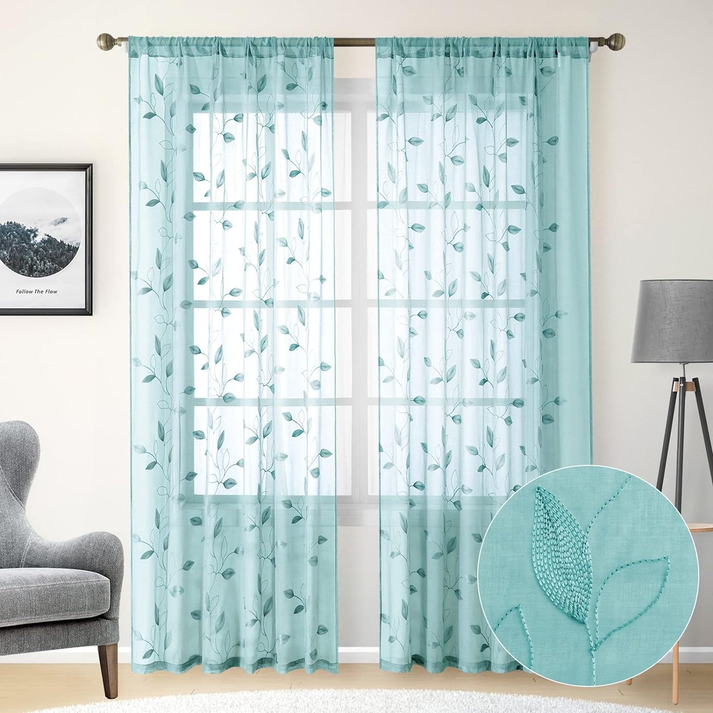 HOMEIDEAS Sage Green Sheer Curtains 52 X 63 Inches Length 2 Panels Embroidered Leaf Pattern Pocket Faux Linen Floral Semi Sheer Voile Window Curtains/Drapes for Bedroom Living Room  HOMEIDEAS 5-Turquoise W52" X L96" 