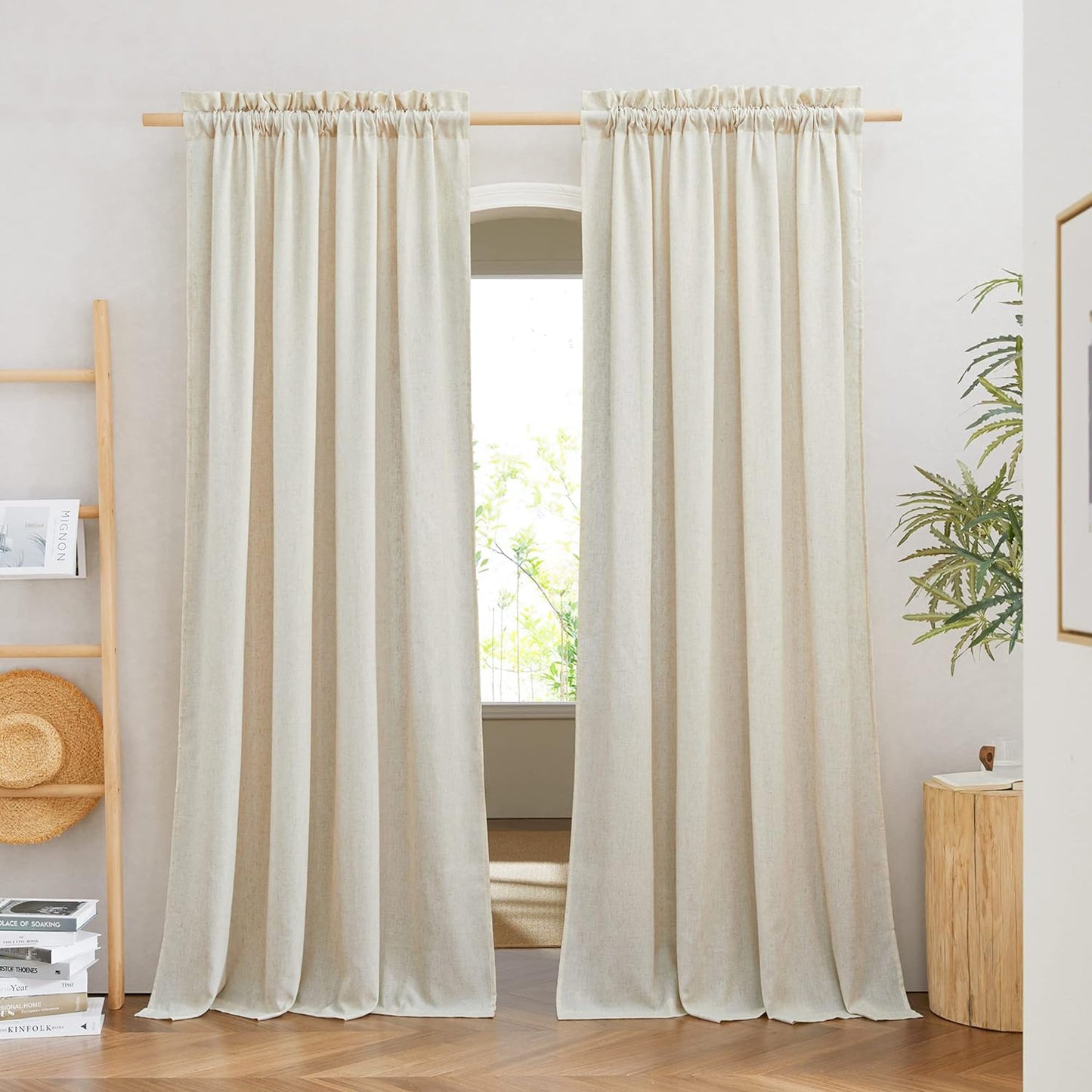NICETOWN Natural Linen Curtains & Drapes for Windows 84 Inch Long, Rod Pocket Thick Flax Semi Sheer Privacy Assured with Light Filtering for Bedroom/Living Room, W55 X L84, 2 Pieces  NICETOWN Natural W55 X L90 