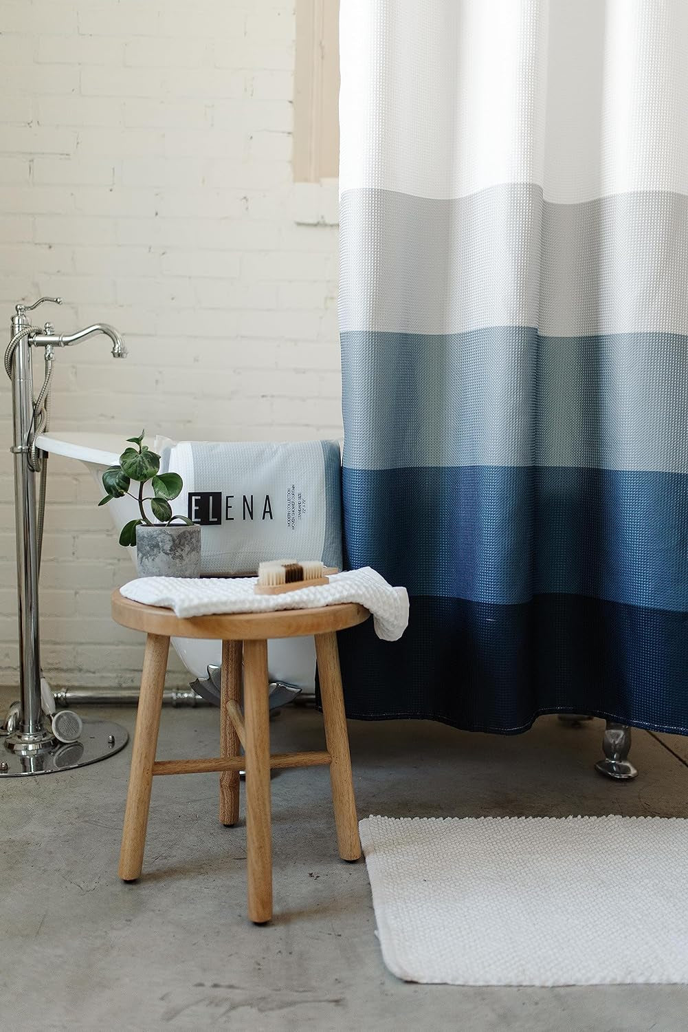 Fabric Shower Curtains for Bathroom | Luxury 230 GSM Polyester | 72X72 Inch Standard Size | Modern Blue Durable Woven Waffle Fabric with Blue Stripe Design