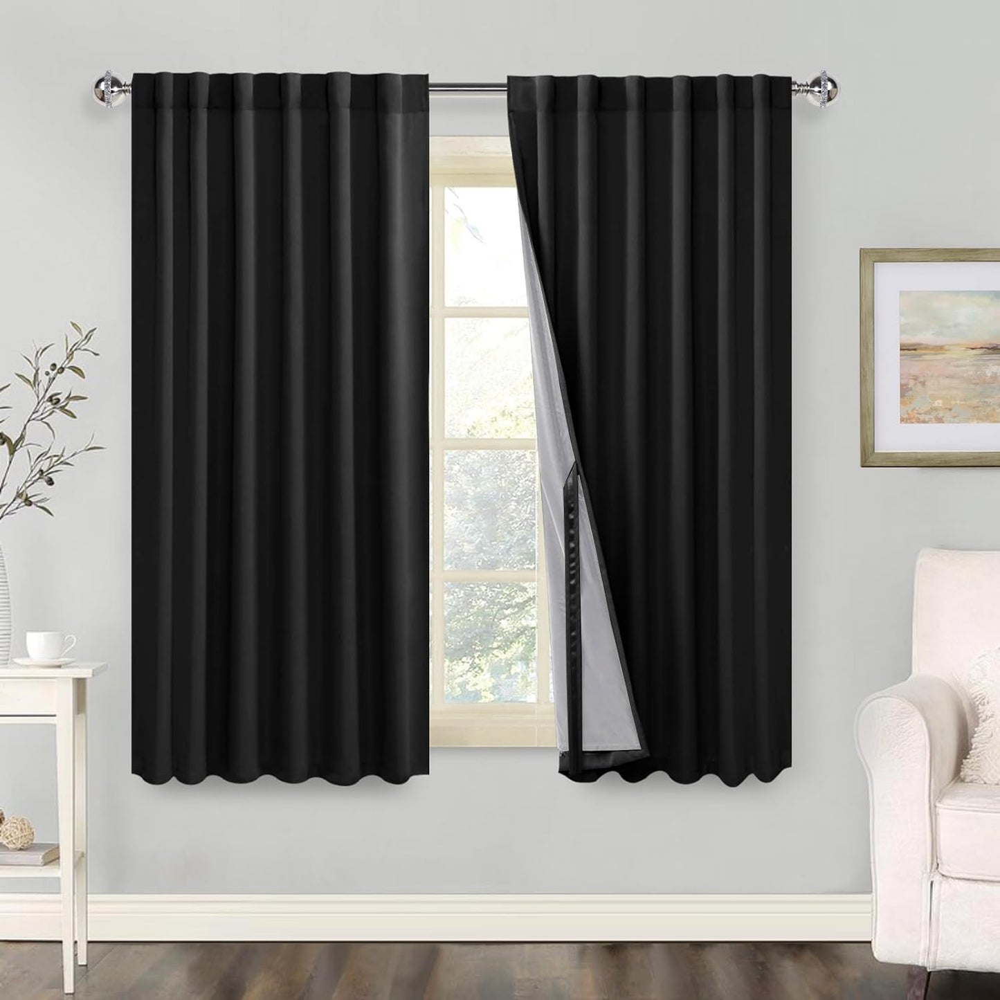 100% Blackout Curtains 2 Panels with Tiebacks- Heat and Full Light Blocking Window Treatment with Black Liner for Bedroom/Nursery, Rod Pocket & Back Tab，White, W52 X L84 Inches Long, Set of 2  XWZO Black W52" X L45"|2 Panels 