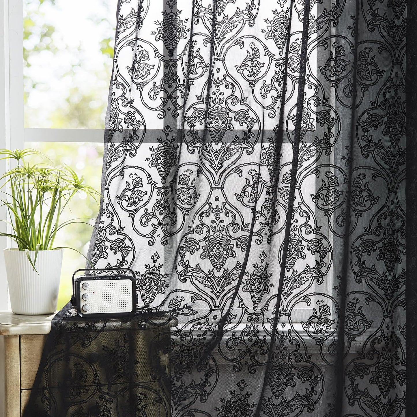 Treatmentex Black Sheer Lace Curtains for Bedroom Living Room Studio 84Inch Long Vintage Rose Floral Embroidered Semi Sheer Curtain Panels Privacy Leaf Sheer Drapes with Scalloped Edge 54" W 2Pcs 7Ft  Treatmentex Damask - Black 52"W X 63"L 2Pcs 