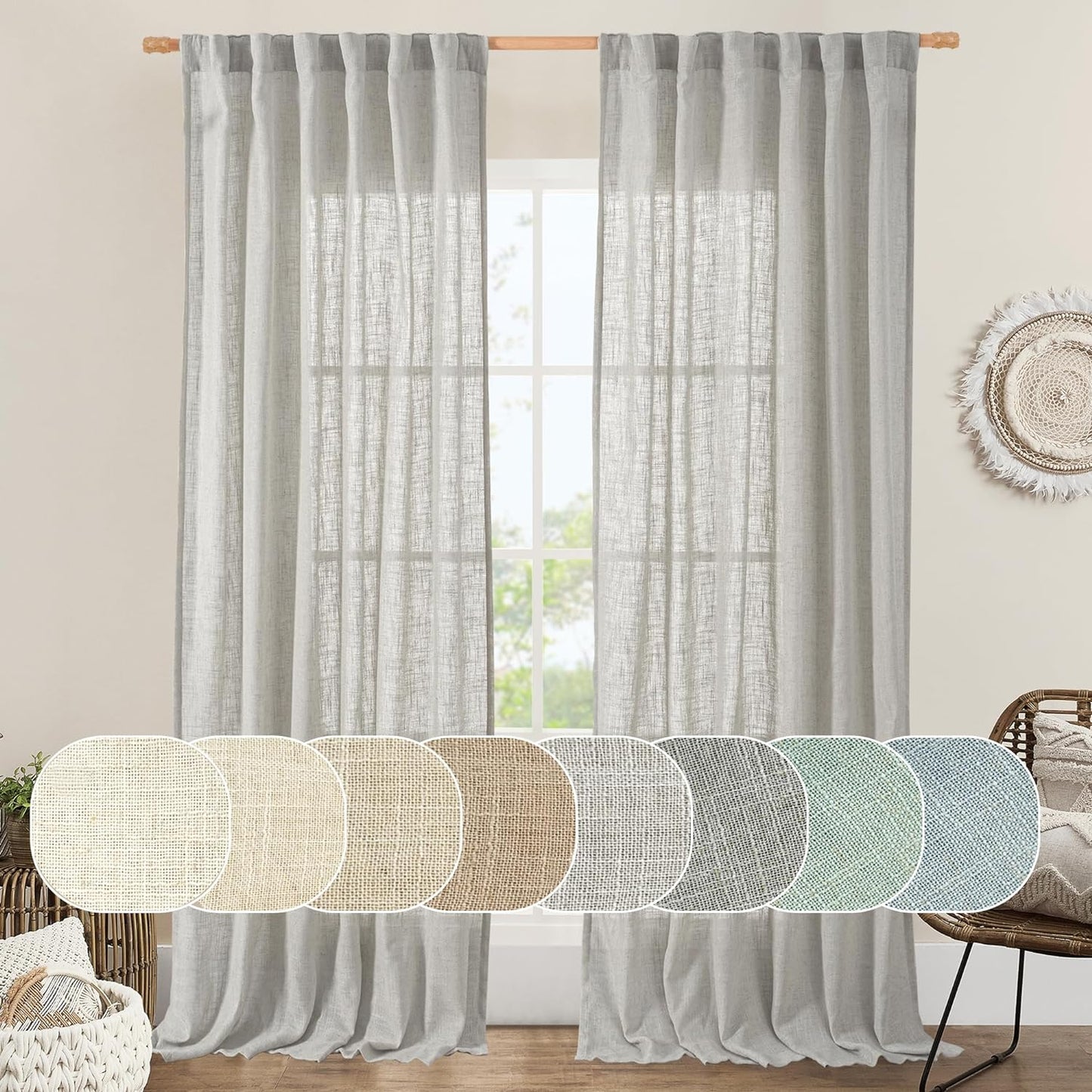 LAMIT Natural Linen Blended Curtains for Living Room, Back Tab and Rod Pocket Semi Sheer Curtains Light Filtering Country Rustic Drapes for Bedroom/Farmhouse, 2 Panels,52 X 108 Inch, Linen  LAMIT Light Grey 52W X 95L 