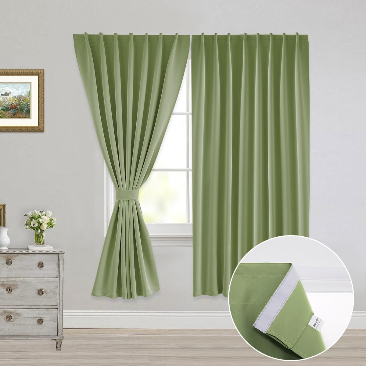 Muamar 2Pcs Blackout Curtains Privacy Curtains 63 Inch Length Window Curtains,Easy Install Thermal Insulated Window Shades,Stick Curtains No Rods, Black 42" W X 63" L  Muamar Sage Green 52"W X 63"L 