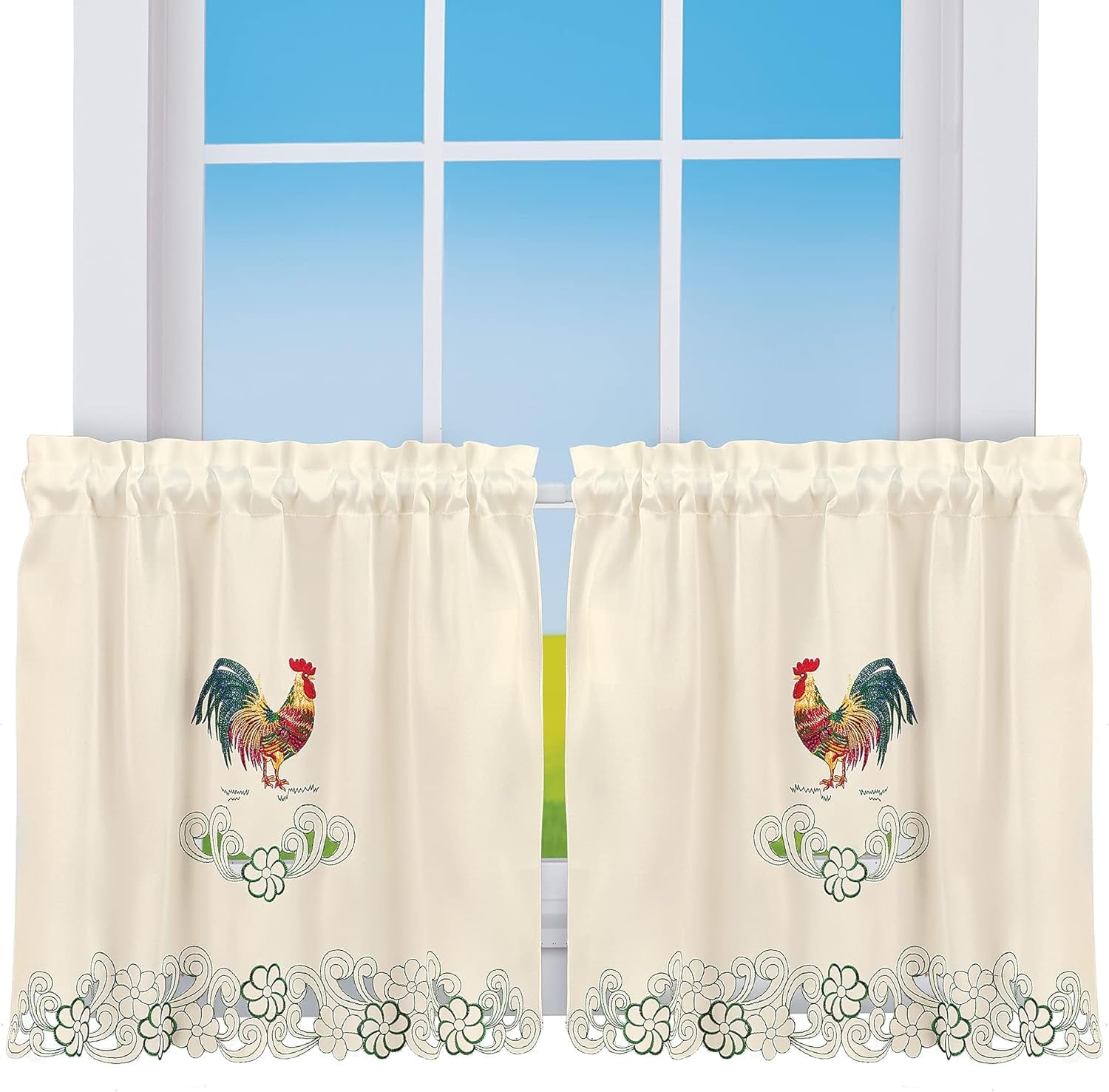 Collections Etc Rooster Embroidered Kitchen Window Curtains