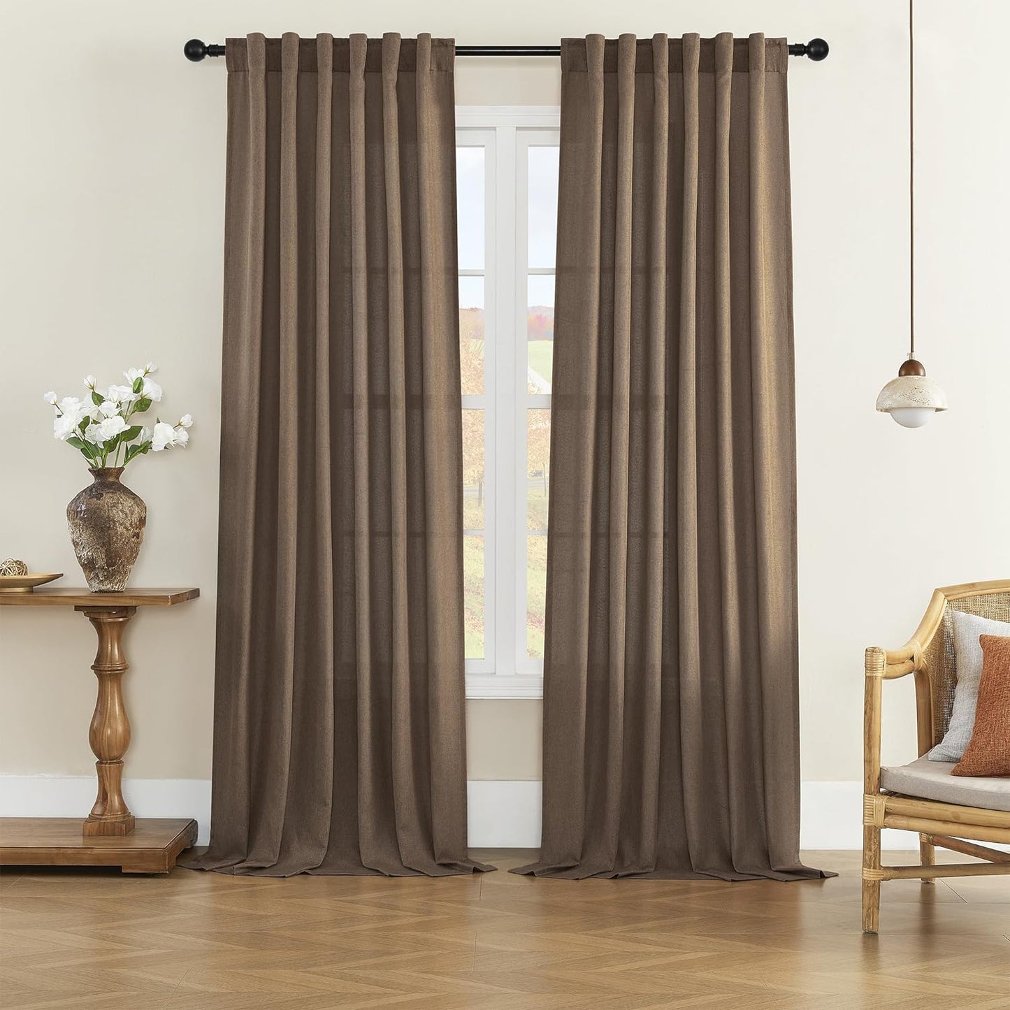 Linen Sheer Window Curtains, Rod Pocket & Back Tab Modern Semi Sheer Panels Privacy with Light Filter Linen Drapes for Sliding Glass Door/Living Room, W60 X L84, 2 Pieces  DONREN Brown 60X96 