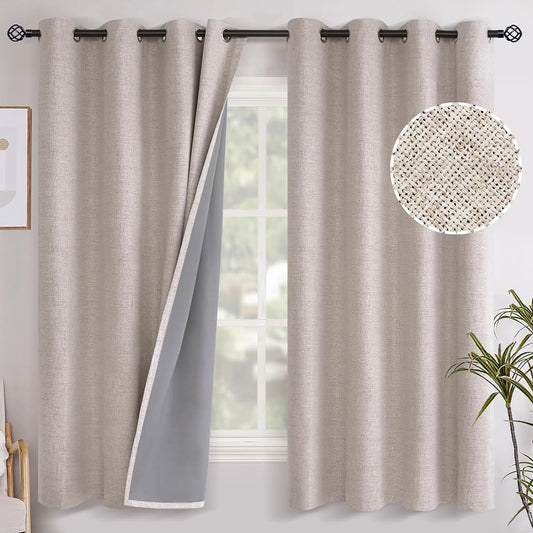Youngstex Linen Blackout Curtains 63 Inch Length, Grommet Darkening Bedroom Curtains Burlap Linen Window Drapes Thermal Insulated for Basement Summer Heat, 2 Panels, 52 X 63 Inch, Beige  YoungsTex Beige 52W X 63L 