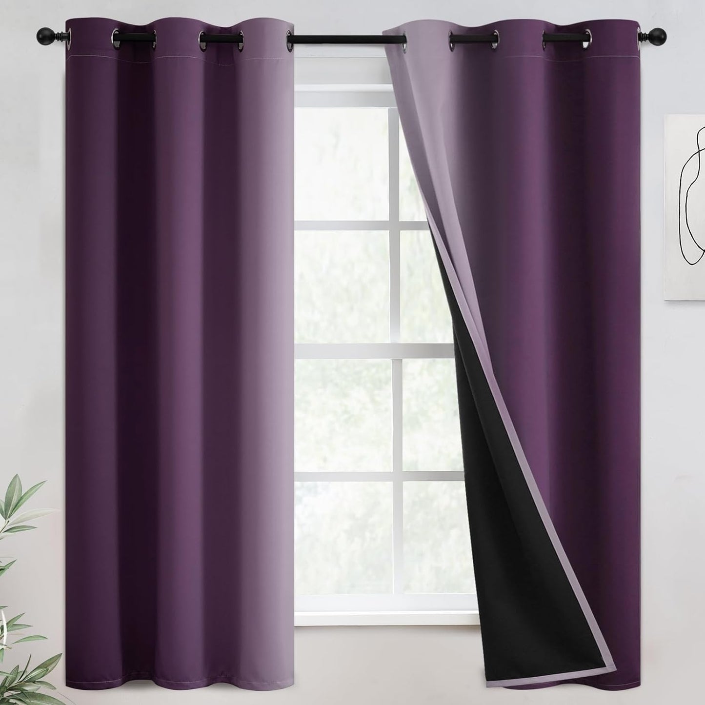 COSVIYA 100% Blackout Curtains & Drapes Ombre Purple Curtains 63 Inch Length 2 Panels,Full Room Darkening Grommet Gradient Insulated Thermal Window Curtains for Bedroom/Living Room,52X63 Inches  COSVIYA Blackout Purple To Grayish White 42W X 63L 