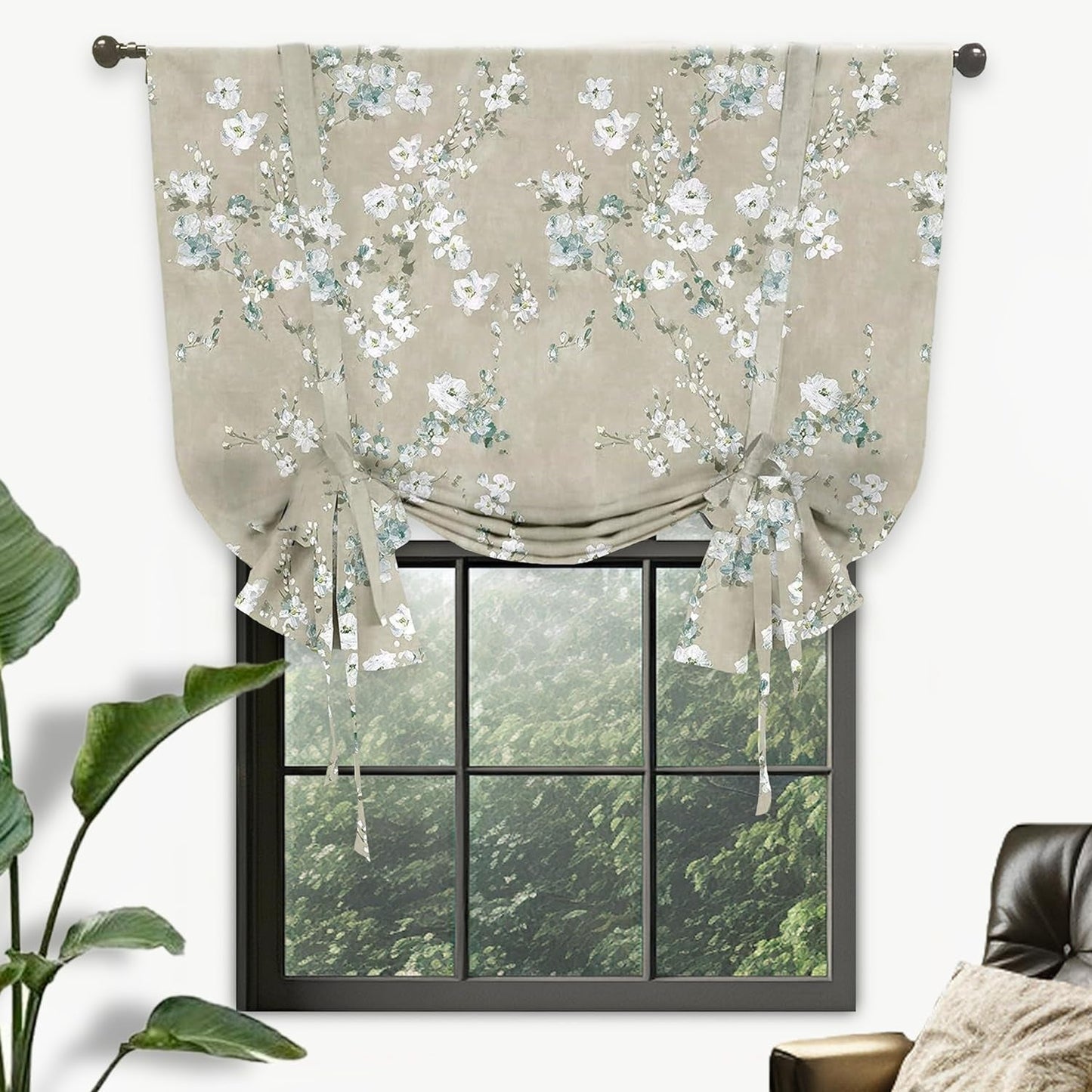Driftaway Mackenzie Blossom Floral Pattern Tie up Curtain Room Darkening Thermal Insulated Window Curtain Adjustable Balloon Curtain for Small Window Rod Pocket 45 Inch by 63 Inch Blue Gray