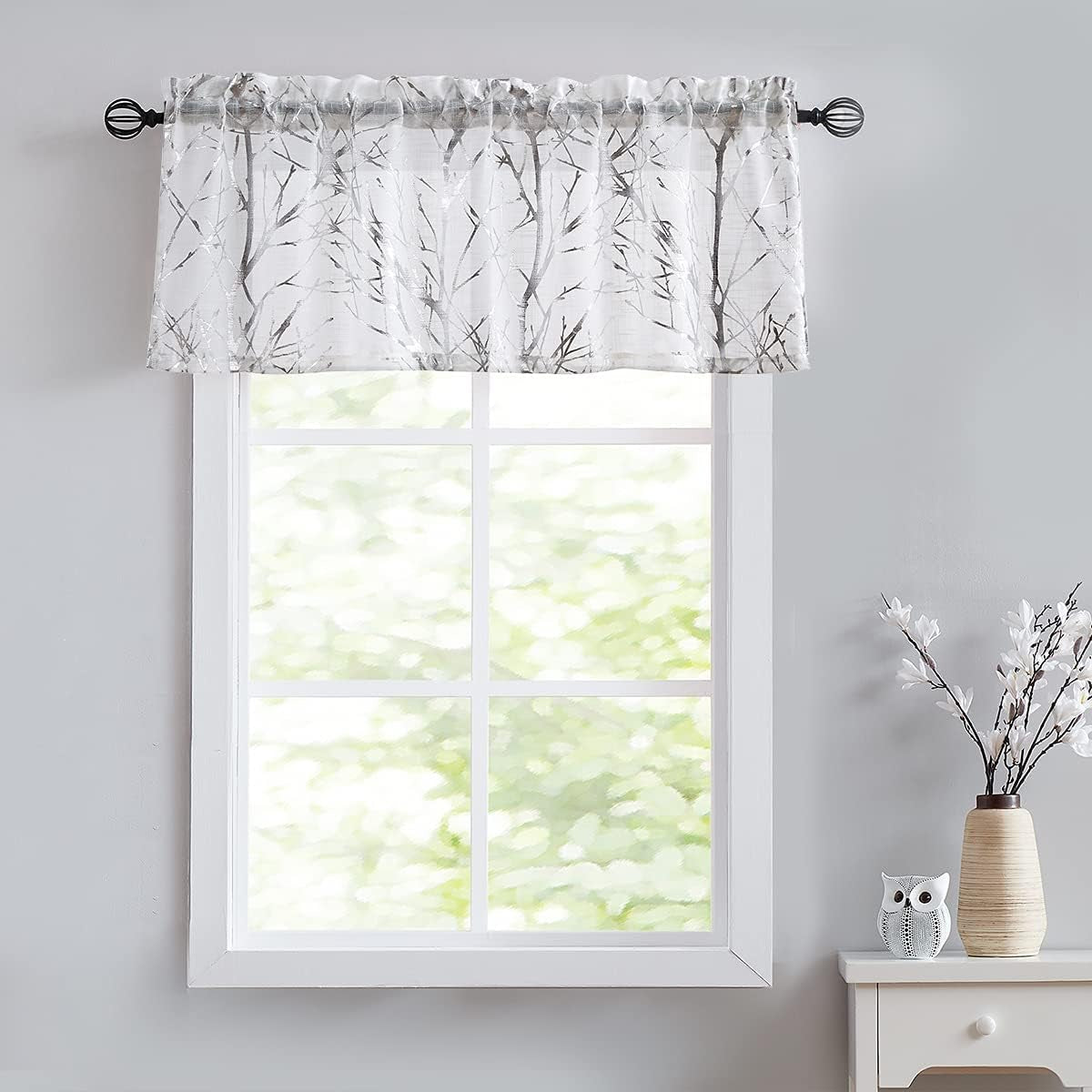 FMFUNCTEX Blue White Curtains for Kitchen Living Room 72“ Grey Tree Branches Print Curtain Set for Small Windows Linen Textured Semi-Sheer Drapes for Bedroom Grommet Top, 2 Panels  Fmfunctex Semi-Sheer: White + Foil Silver 50" X 18" 1Pc 