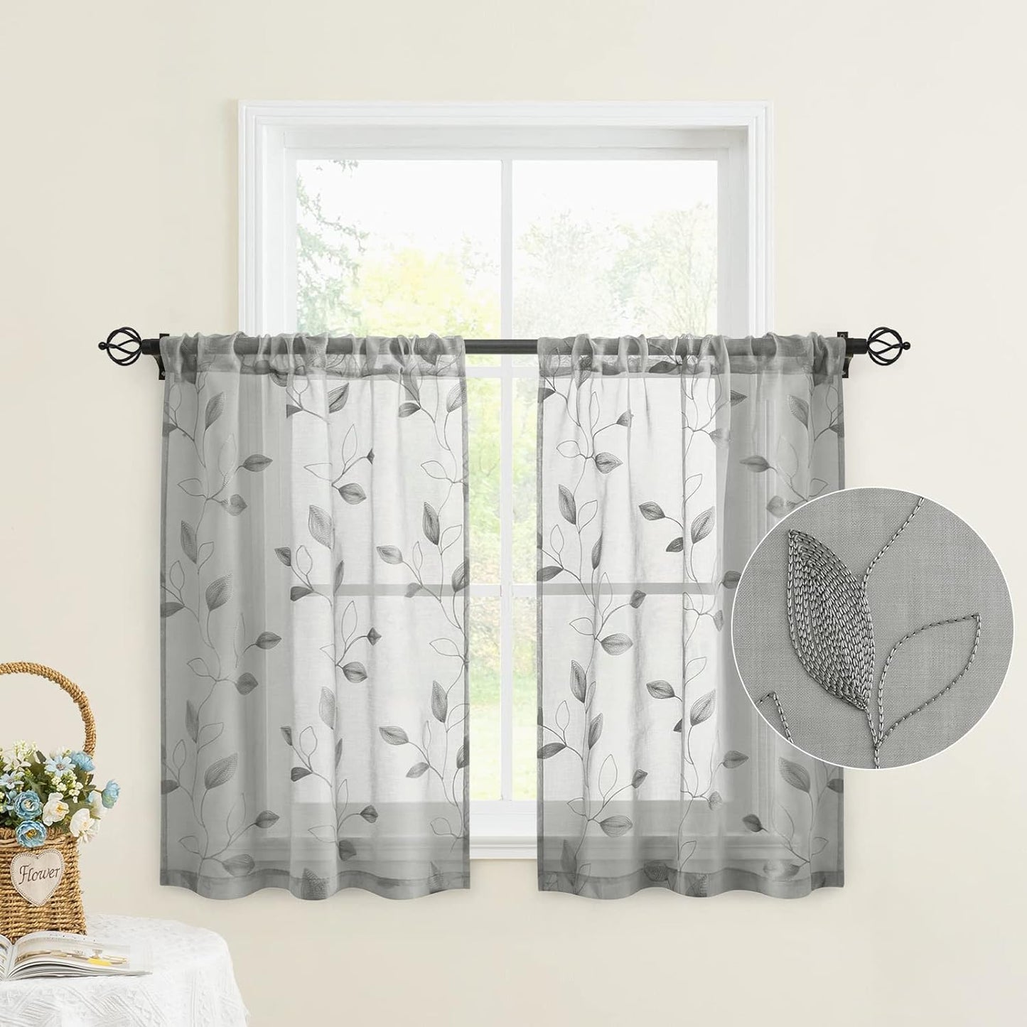 HOMEIDEAS Sage Green Sheer Curtains 52 X 63 Inches Length 2 Panels Embroidered Leaf Pattern Pocket Faux Linen Floral Semi Sheer Voile Window Curtains/Drapes for Bedroom Living Room  HOMEIDEAS 3-Grey W30" X L36" 