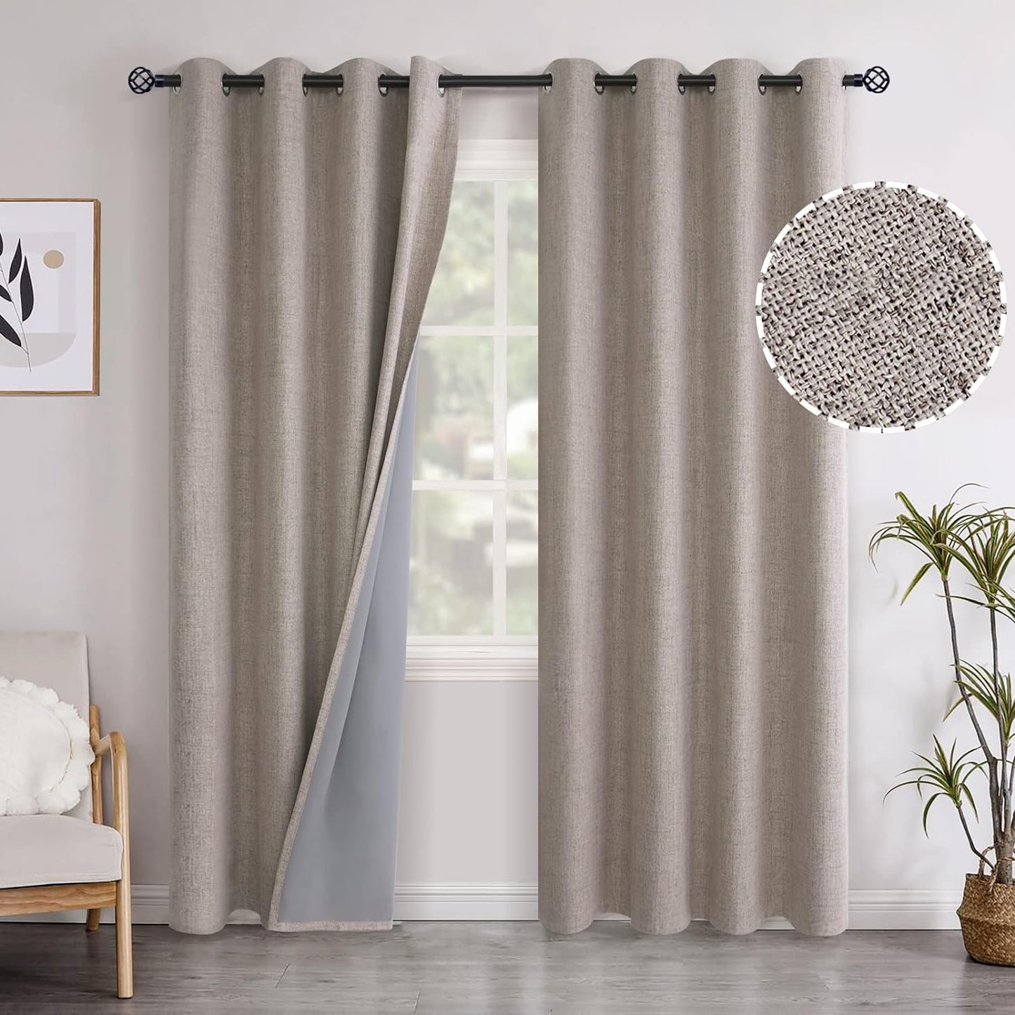 Youngstex Linen Blackout Curtains 63 Inch Length, Grommet Darkening Bedroom Curtains Burlap Linen Window Drapes Thermal Insulated for Basement Summer Heat, 2 Panels, 52 X 63 Inch, Beige  YoungsTex Burlap 52W X 90L 