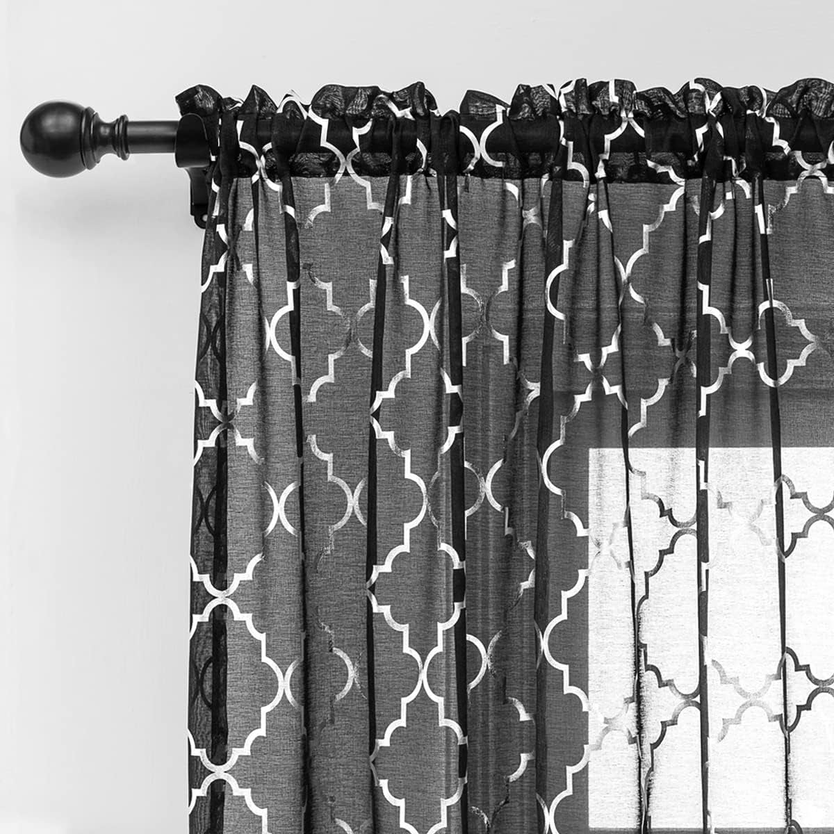 Kotile Silver Grey Sheer Curtains 96 Inch - Metallic Silver Foil Moroccan Tile Printed Rod Pocket Privacy Light Filtering Curtains for Living Room, 52 X 96 Inches, 2 Panels, Grey and Silver  Kotile Textile Black Silver W52" X L84" 