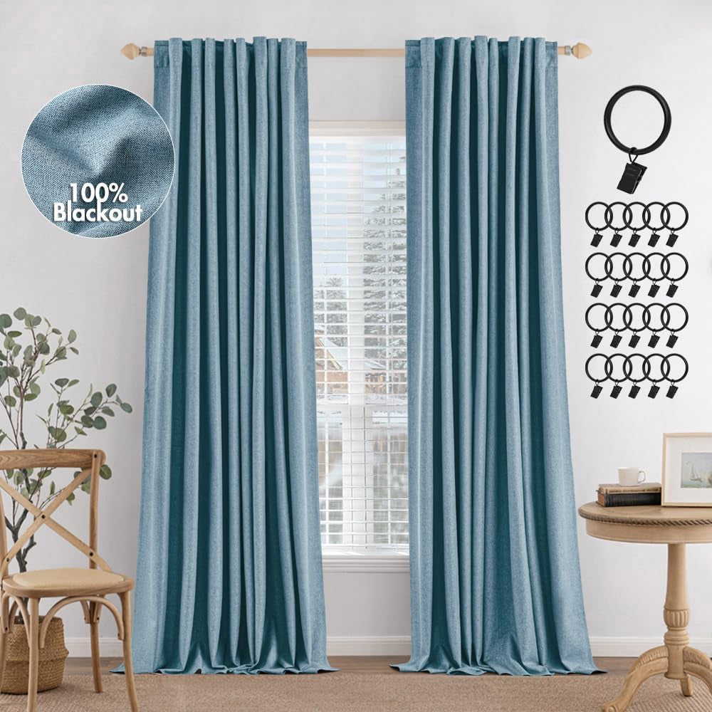MIULEE 100% Blackout Curtains 90 Inches Long, Linen Curtains & Drapes for Bedroom Back Tab Black Out Window Treatments Thermal Insulated Room Darkening Rod Pocket, Oatmeal, 2 Panels  MIULEE Slate Blue 52"W*120"L 