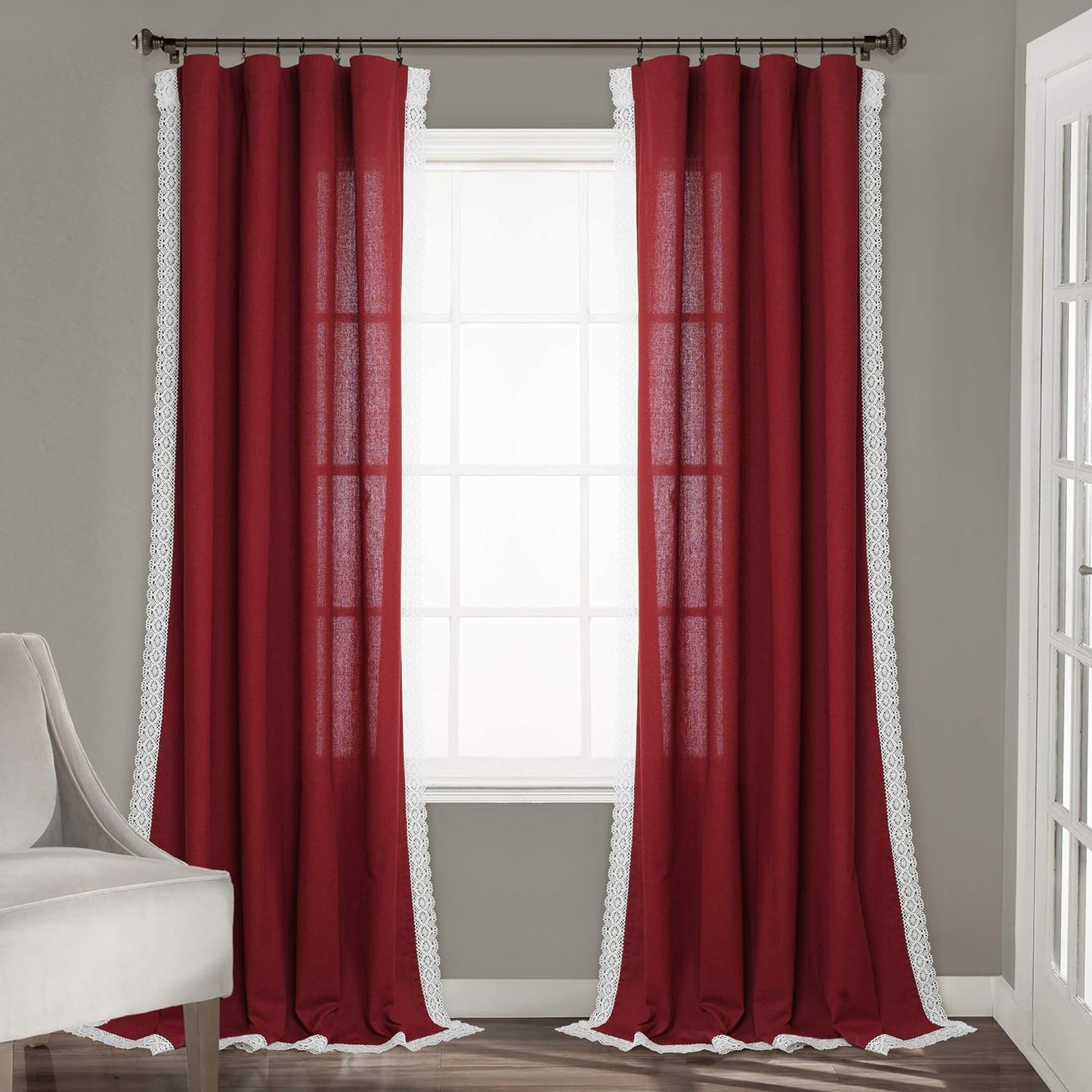 Lush Decor Rosalie Light Filtering Window Curtain Panel Set- Pair- Vintage Farmhouse & French Country Style Curtains - Timeless Dreamy Drape - Romantic Lace Trim - 54" W X 84" L, White  Triangle Home Fashions Red Window Panel 54"W X 95"L