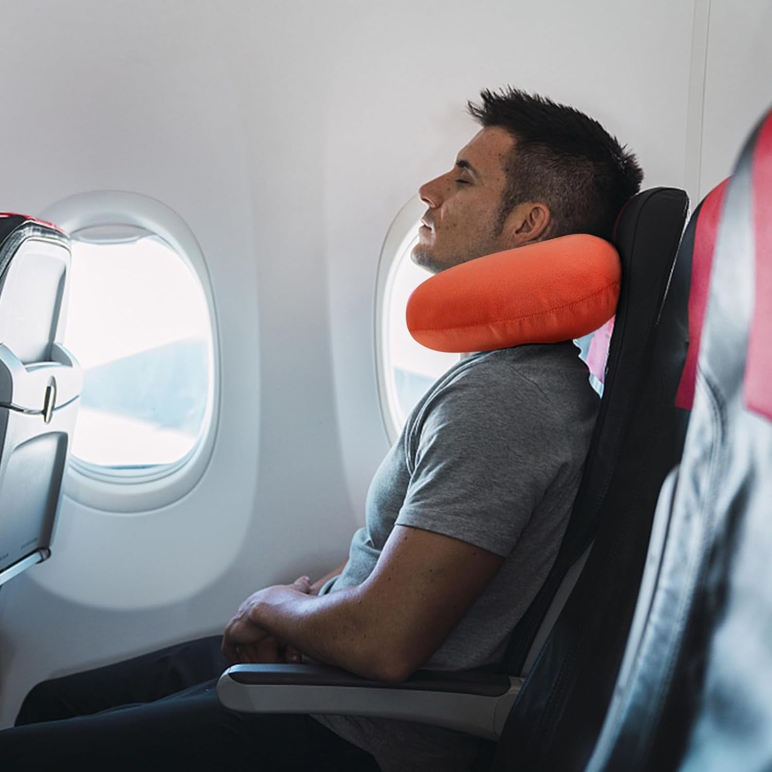 Orange Memory Foam Velvet Travel Neck Pillow for Airplane Car Train