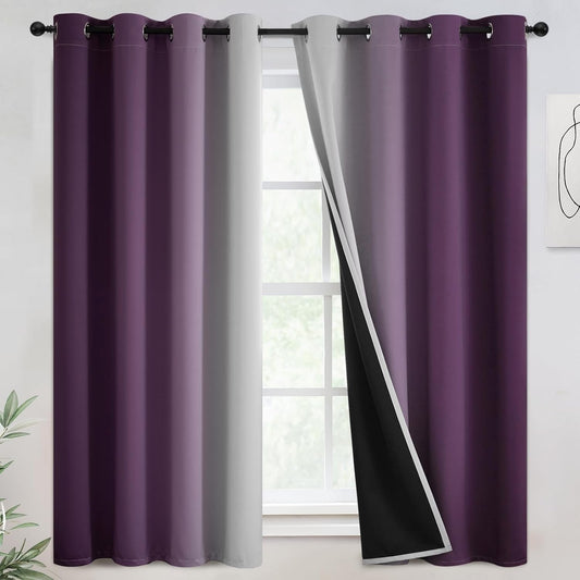 COSVIYA 100% Blackout Curtains & Drapes Ombre Purple Curtains 63 Inch Length 2 Panels,Full Room Darkening Grommet Gradient Insulated Thermal Window Curtains for Bedroom/Living Room,52X63 Inches  COSVIYA Blackout Purple To Grayish White 52W X 84L 