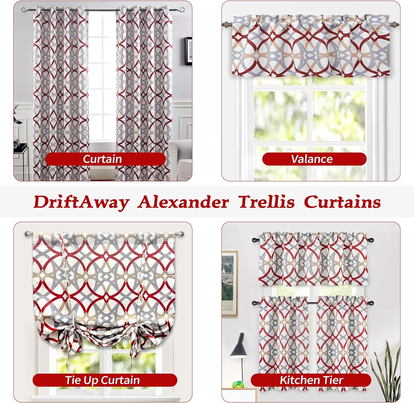 Driftaway Alexander Thermal Blackout Grommet Unlined Window Curtains Spiral Geo Trellis Pattern Set of 2 Panels Each Size 52 Inch by 84 Inch Red and Gray  DriftAway   