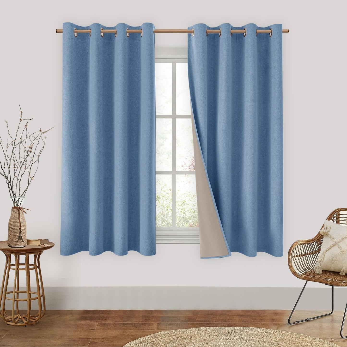 HOMEIDEAS 100% Blackout Linen Curtains for Bedroom 84 Inches Long 2 Panels Blush Pink Curtains Full Black Out Thermal Insulated Grommet Window Curtains/Drapes with Liner for Nursery  HOMEIDEAS Stone Blue 52"W X 63"L 