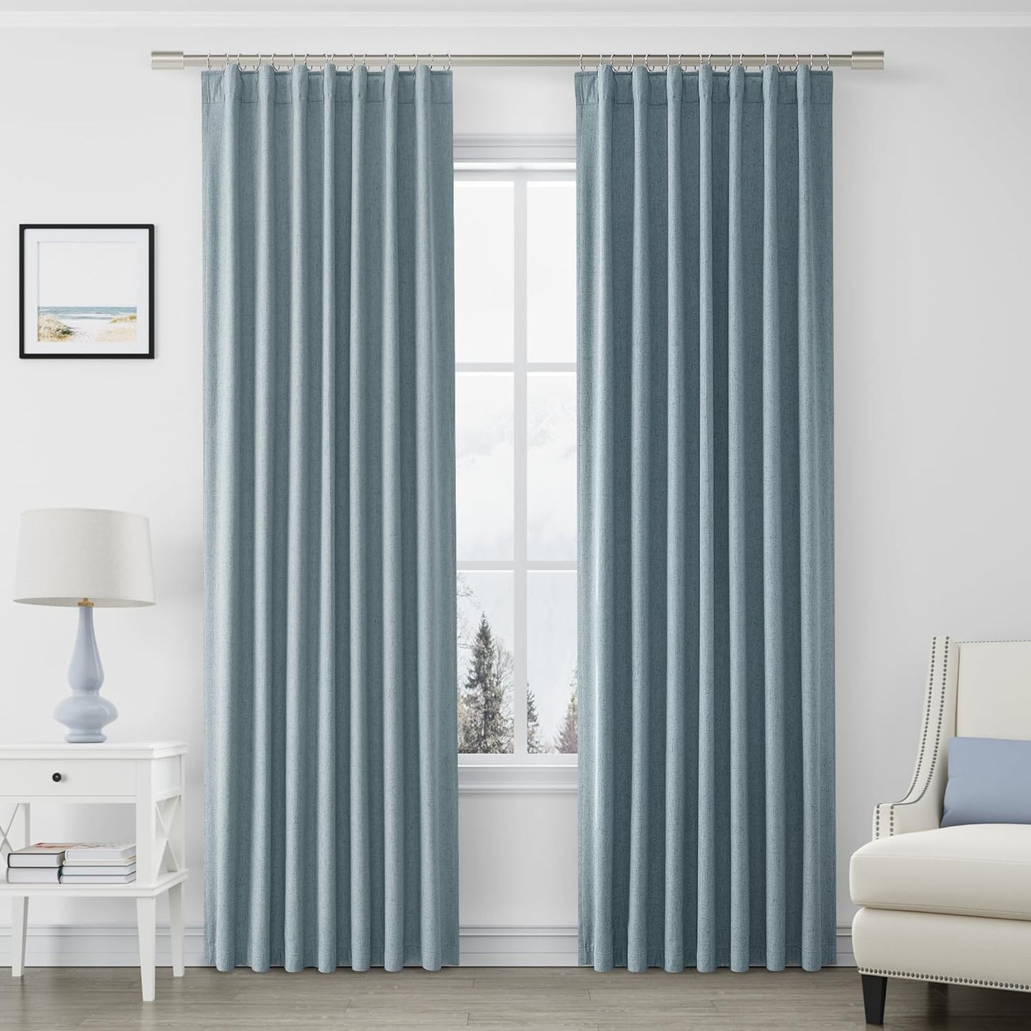 Joywell 100% Blackout Linen Curtains 102 Inches Long, Rod Pocket/Back Tab/Hook Belt/Clip Rings, Thermal Insulated Floor Length Drapes for Bedroom Dining Living Room(2 Panels,W52 X L102,Linen)  Joywell Blue 52W X 96L Inch X 2 Panels 