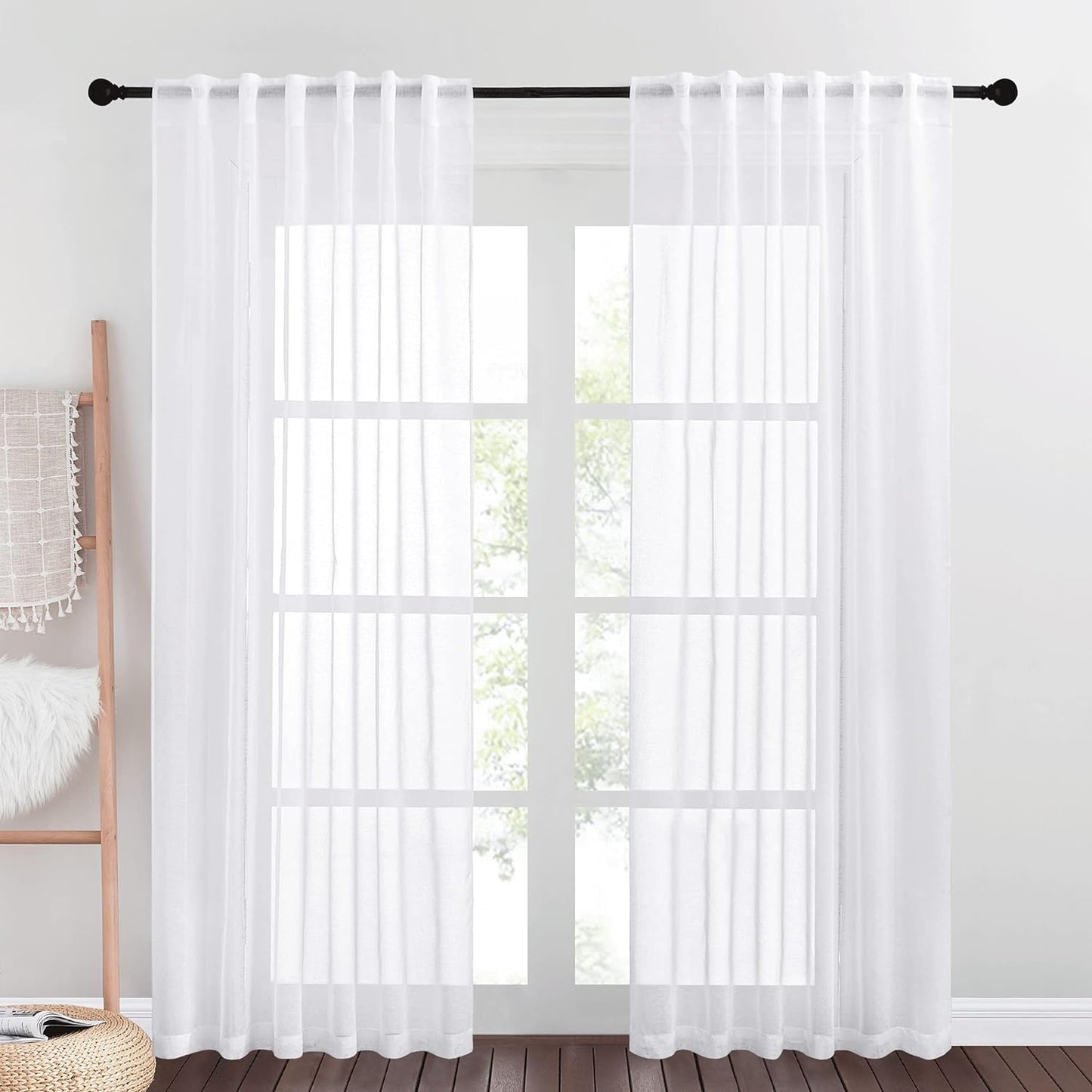 NICETOWN White Semi Sheer Curtains for Living Room- Linen Texture Light Airy Drapes, Rod Pocket & Back Tab Design Voile Panels for Large Window, Set of 2, 55 X 108 Inch  NICETOWN White W55 X L95 