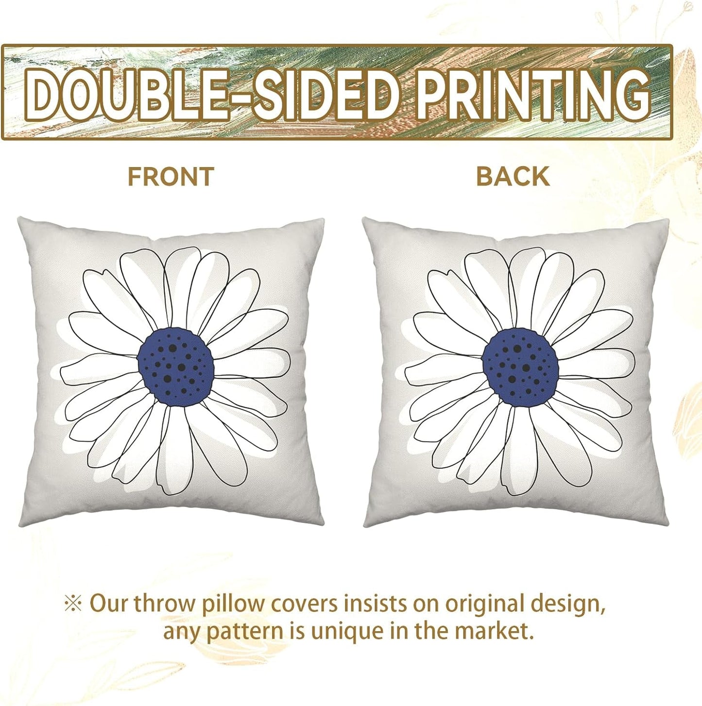 Summer Daisy Pillow Covers 16X16 Inch Blue Gray Throw Pillow Cases Seasonal Floral Pillowcase Flower Cotton Linen Outdoor Cushion Covers Home Decorations for Bed Sofa Couch Set of 2