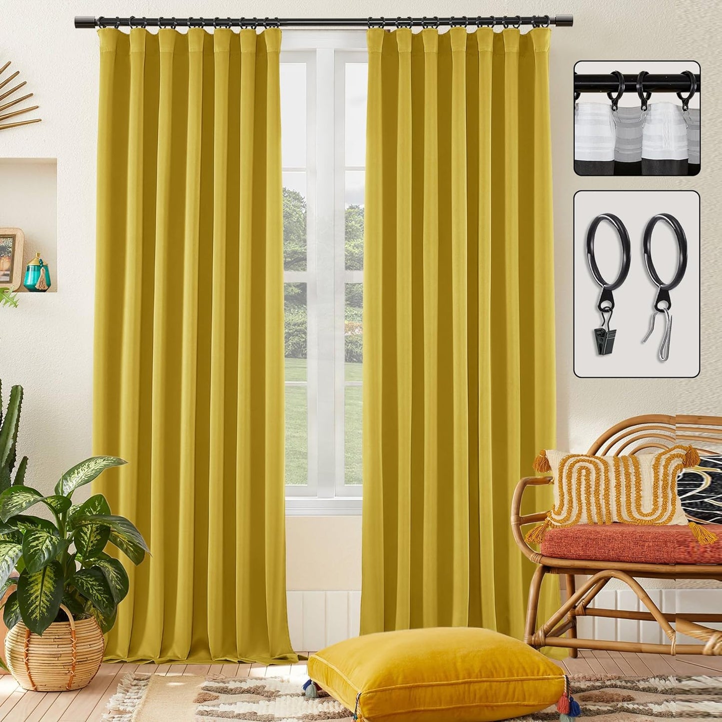 SHINELAND Beige Room Darkening Curtains 105 Inches Long for Living Room Bedroom,Cortinas Para Cuarto Bloqueador De Luz,Thermal Insulated Back Tab Pleat Blackout Curtains for Sunroom Patio Door Indoor  SHINELAND Mustard Yellow 2X(52"Wx96"L) 