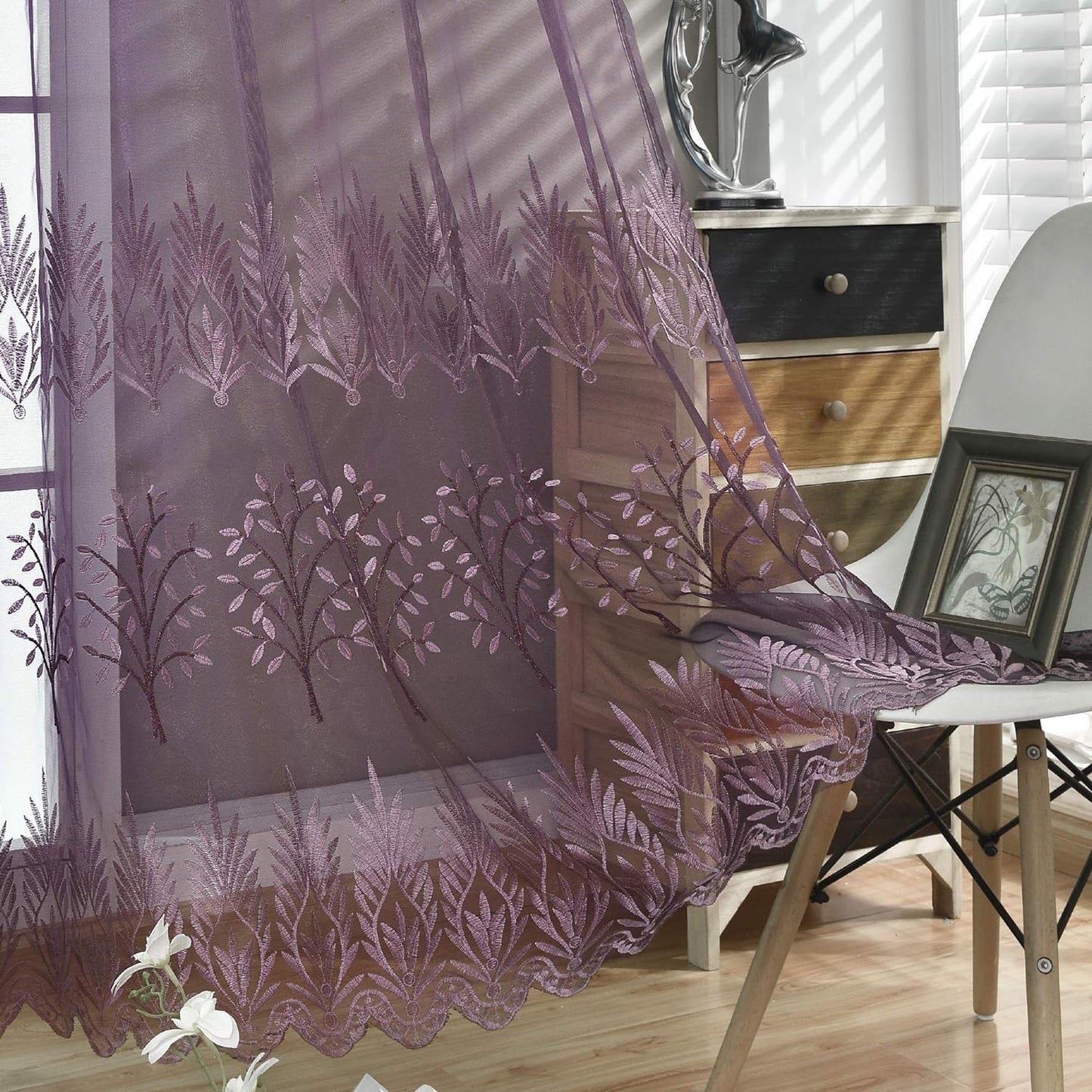 DONREN Tree Branch Printed Embroidery Sheer Curtains for Bedroom - Luxury Plum Purple Embroidery Sheer Curtain Panels for Living Room (W 52 X L 84 Inch,2 Panels)  DONREN Purple 52" X 84" 