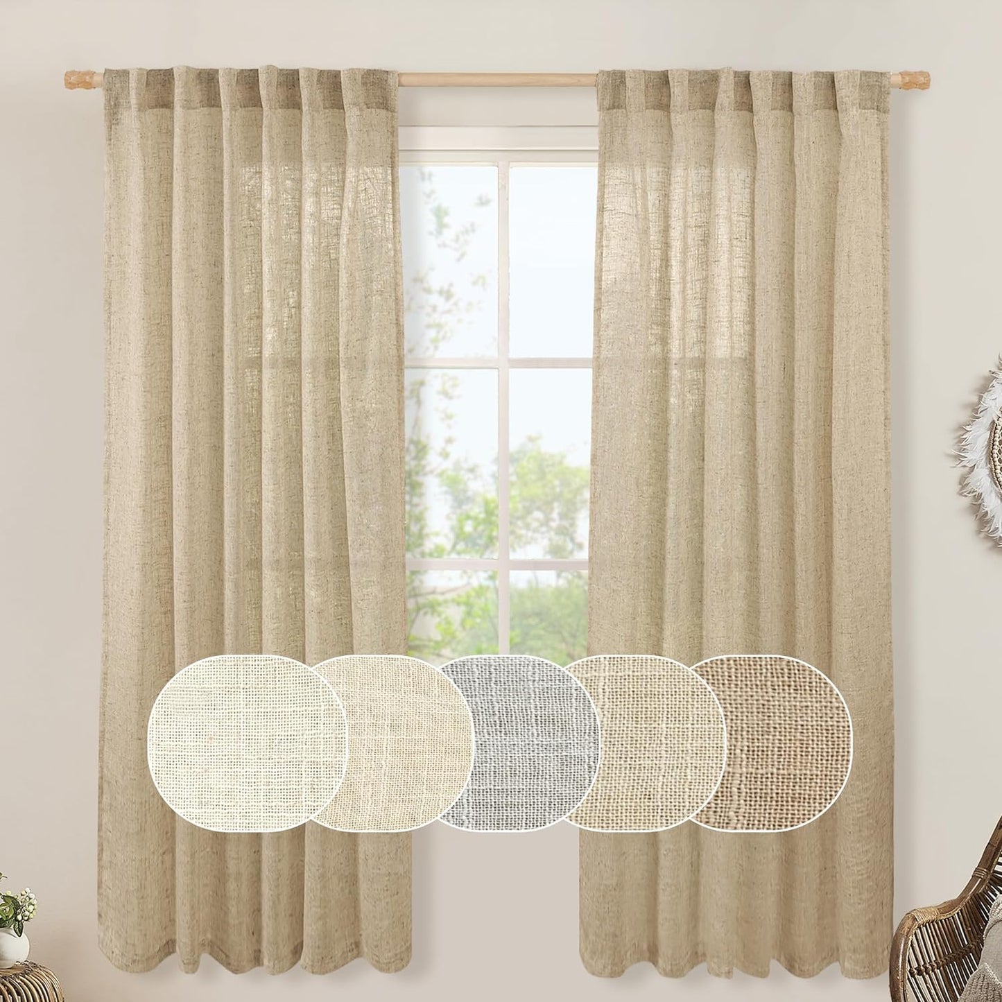 LAMIT Natural Linen Blended Curtains for Living Room, Back Tab and Rod Pocket Semi Sheer Curtains Light Filtering Country Rustic Drapes for Bedroom/Farmhouse, 2 Panels,52 X 108 Inch, Linen  LAMIT Brown 52W X 72L 