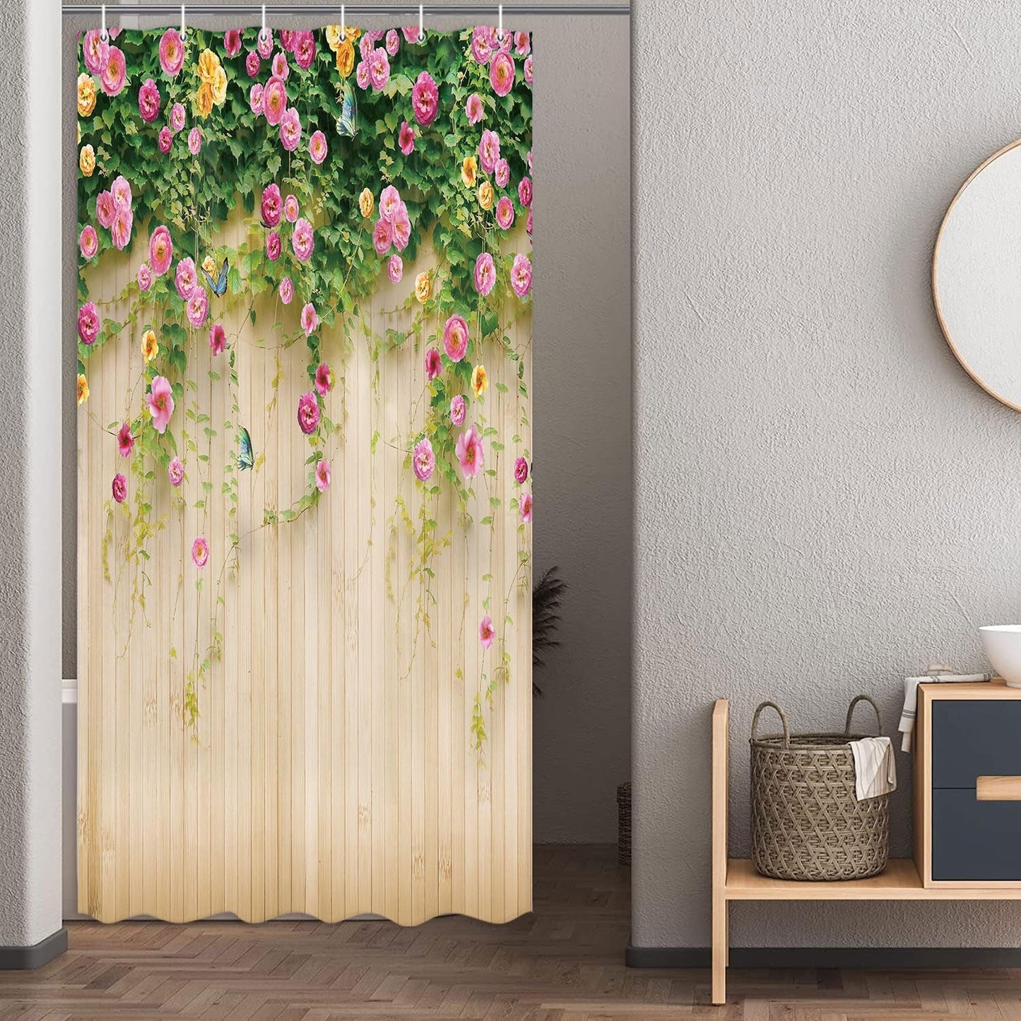 Floral Shower Curtains 3D Rosemary Shower Curtain Flower with Butterfly on Rustic Wooden Background Cute Bath Curtains, Pink Rose Fabric Garden Shower Curtains Pretty Shower Curtain 72X72